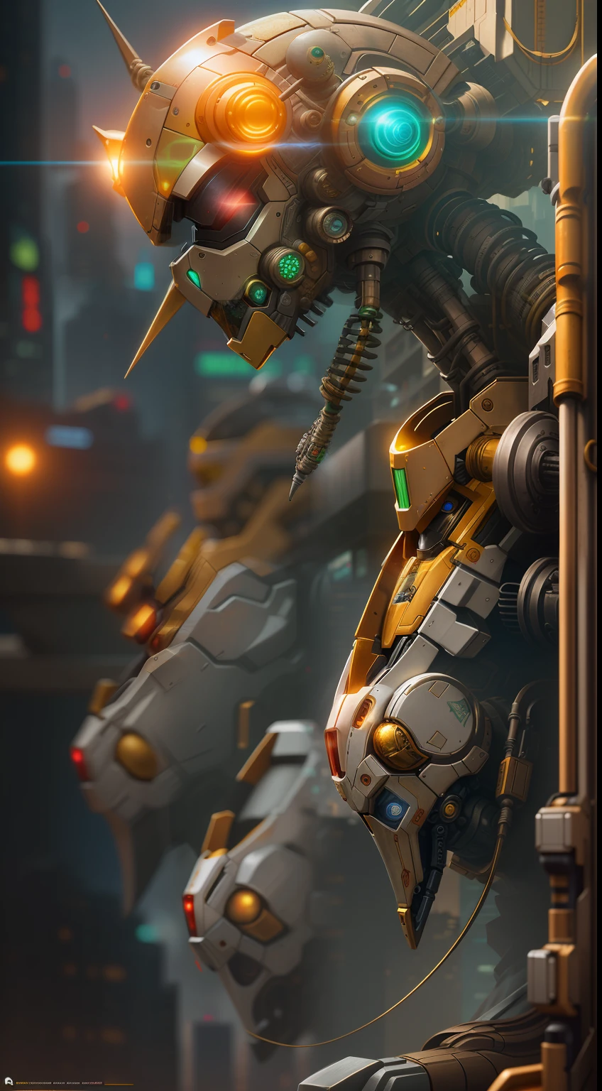 Ninja turtles, biomechanics, complex robots, gold, full growth, hyper-realistic, crazy little details, incredibly clean lines, cyberpunk aesthetic, masterpiece featured on Zbrush Central, cyberpunk city backdrop