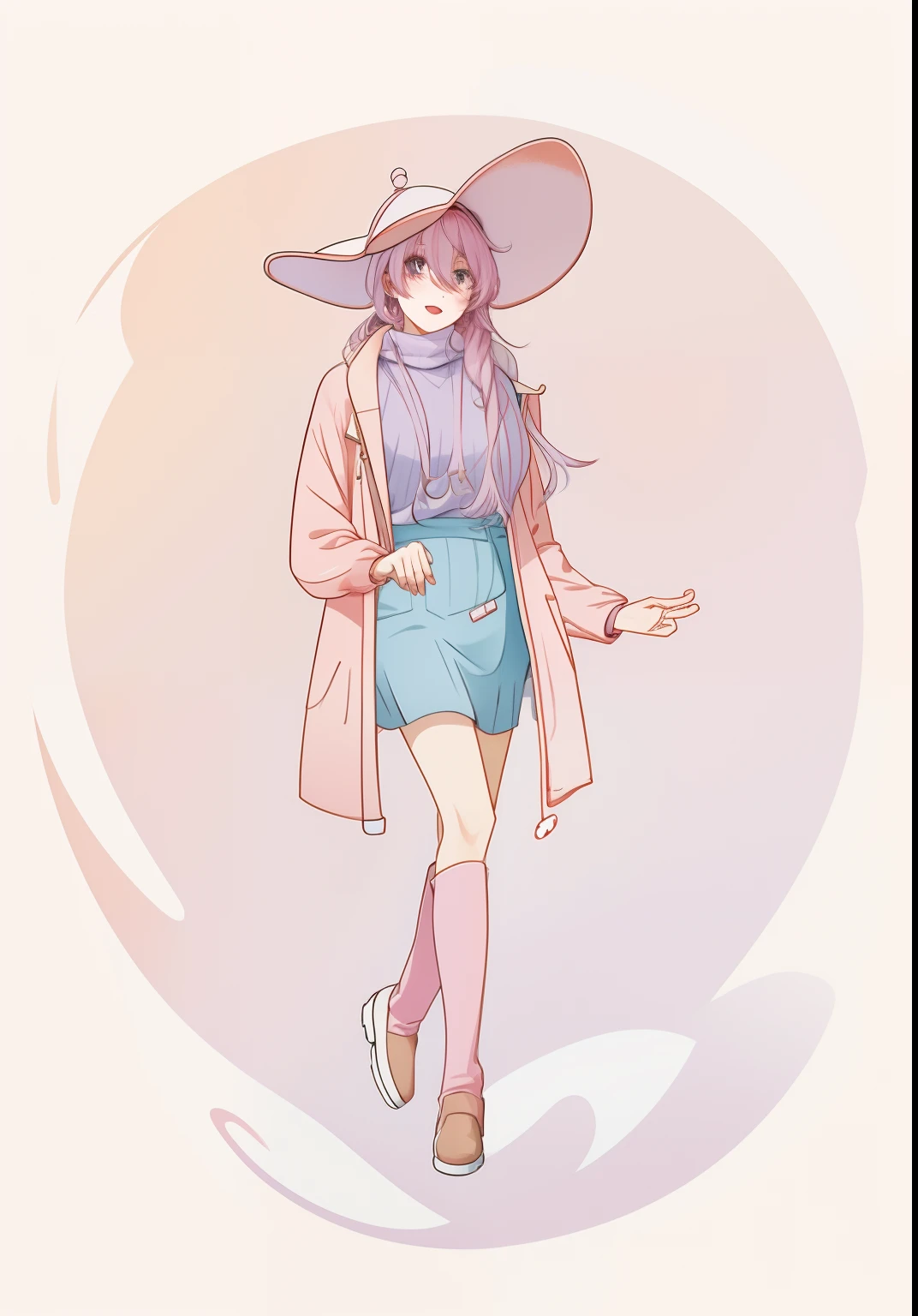 Cartoon feel,Hanging the camera,Clear details,真实感,Virtual anchor image,Big Beautiful,Long pale pink hair,Lilac hat,Thick pink lilac coat,pale pink sweater,Short blue skirt,Black camera,Brown snow boots,Delicate facial features,laughingly,big breasts beautiful,Biye