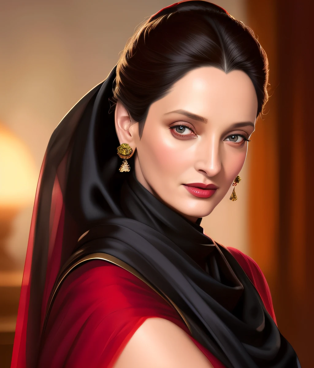 uma thurman in a red and black sari with a black scarf, beautiful character painting, maya ali sorceress, elegant digital painting, high quality portrait, very realistic digital art, beautiful digital artwork, realistic digital painting, beautiful digital painting, inspired by Ambreen Butt, realistic portrait, realistic digital art, realistic digital illustration, realistic art, digital art of an elegant