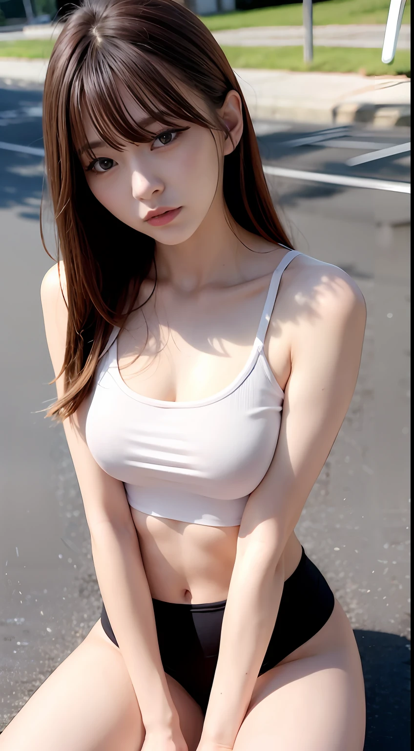 top-quality、超A high resolution、(Photorealsitic:1.4)、(ulzzang-6500:0.4)、Beautie、Korean Idols、18year old、length hair、Light brown hair、Hairstyle with clean waviness、small tits、very small breasts、Realistic eyes, Slender narrow eyes、Beautiful eyes、a smile、croptop、Tank tops、Wear a see-through shirt、a miniskirt、In the street、crouching down、slender、A slender、Slender body lines、Shot diagonally from above、Put the headphones around your neck