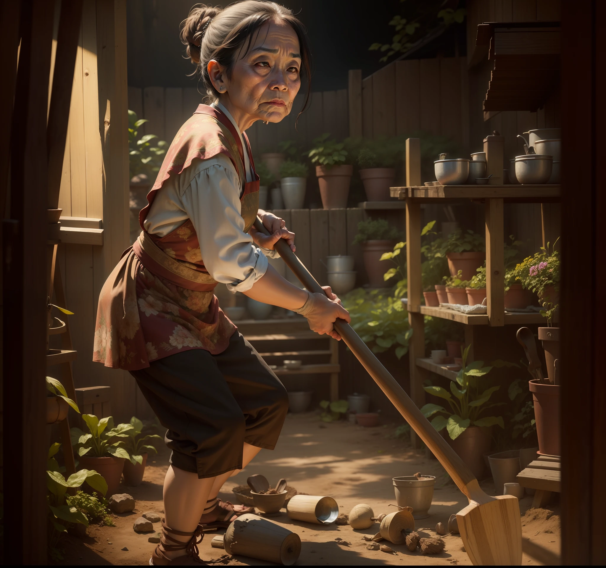 masterpiece, realistic, natural color, ultra details, full color, shallow depth of field, hd, (8k, RAW photo:1,2), hq, out door, holding a hoe, asian skin, old woman, hate face, sleepy eyes, sunny, bright location