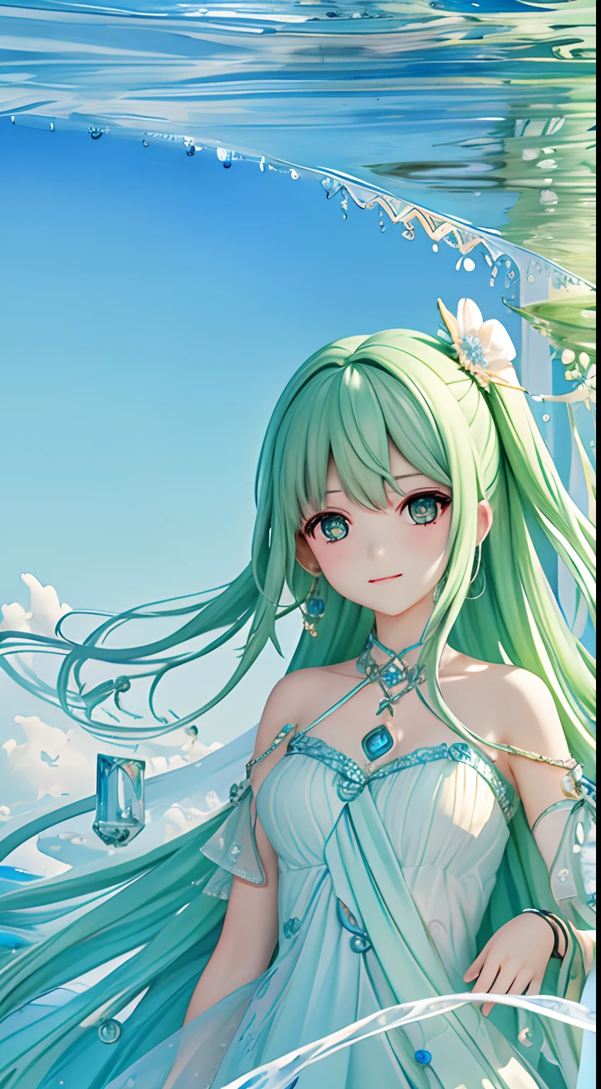 "(tmasterpiece, Top image quality, best qualityer, Watercolor texture, offcial art, Beauty and aesthetics:1.2, s fractal art:1.3), (1girll:1.3, s fractal art:1.3, Side half, Shoulder-length green hair, Smoke-gray eyes, Blushing expression), The protagonist: Movie characters in wedding dresses, Beautiful aquarium background design"