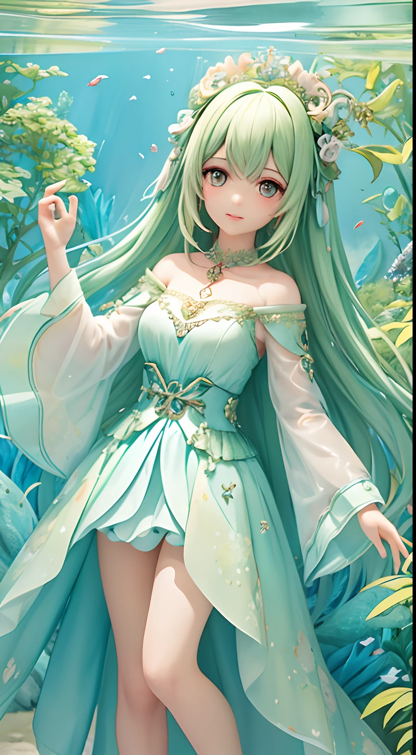 "(tmasterpiece, Top image quality, best qualityer, Watercolor texture, offcial art, Beauty and aesthetics:1.2, s fractal art:1.3), (1girll:1.3, s fractal art:1.3, Side half, Shoulder-length green hair, Smoke-gray eyes, Blushing expression), The protagonist: Movie characters in wedding dresses, Beautiful aquarium background design"