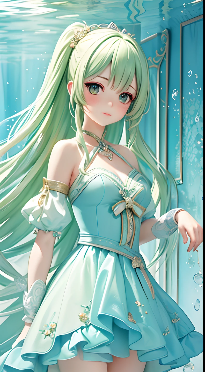 "(tmasterpiece, Top image quality, best qualityer, Watercolor texture, offcial art, Beauty and aesthetics:1.2, s fractal art:1.3), (1girll:1.3, s fractal art:1.3, Side half, Shoulder-length green hair, Smoky gray eyes, Blushing expression), The protagonist: Movie characters in wedding dresses, Beautiful aquarium background design"