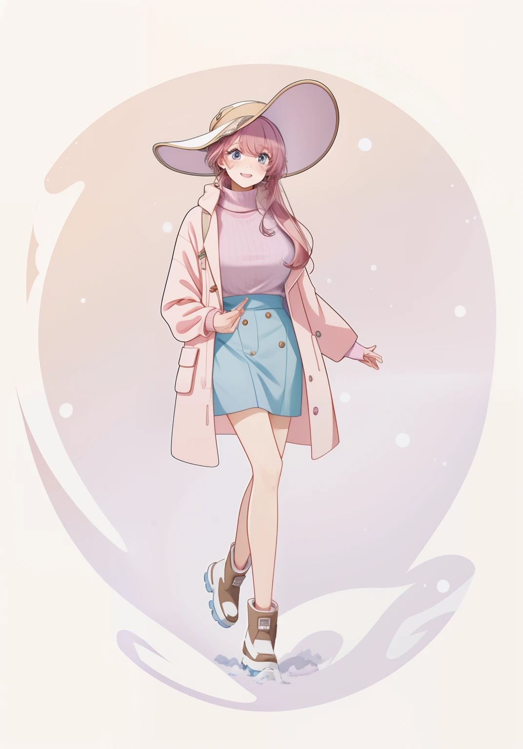 Wear brown snow boots,Shoes changed to snow boots,Cartoon feel,Hanging the camera,Clear details,真实感,Virtual anchor image,Big Beautiful,Long pale pink hair,Cloves have,Thick pink lilac coat,pale pink sweater,Short blue skirt,Black camera,Brown snow boots,Delicate facial features,laughingly,big breasts beautiful,Biye,Clear facial features,Purple gradient pupils