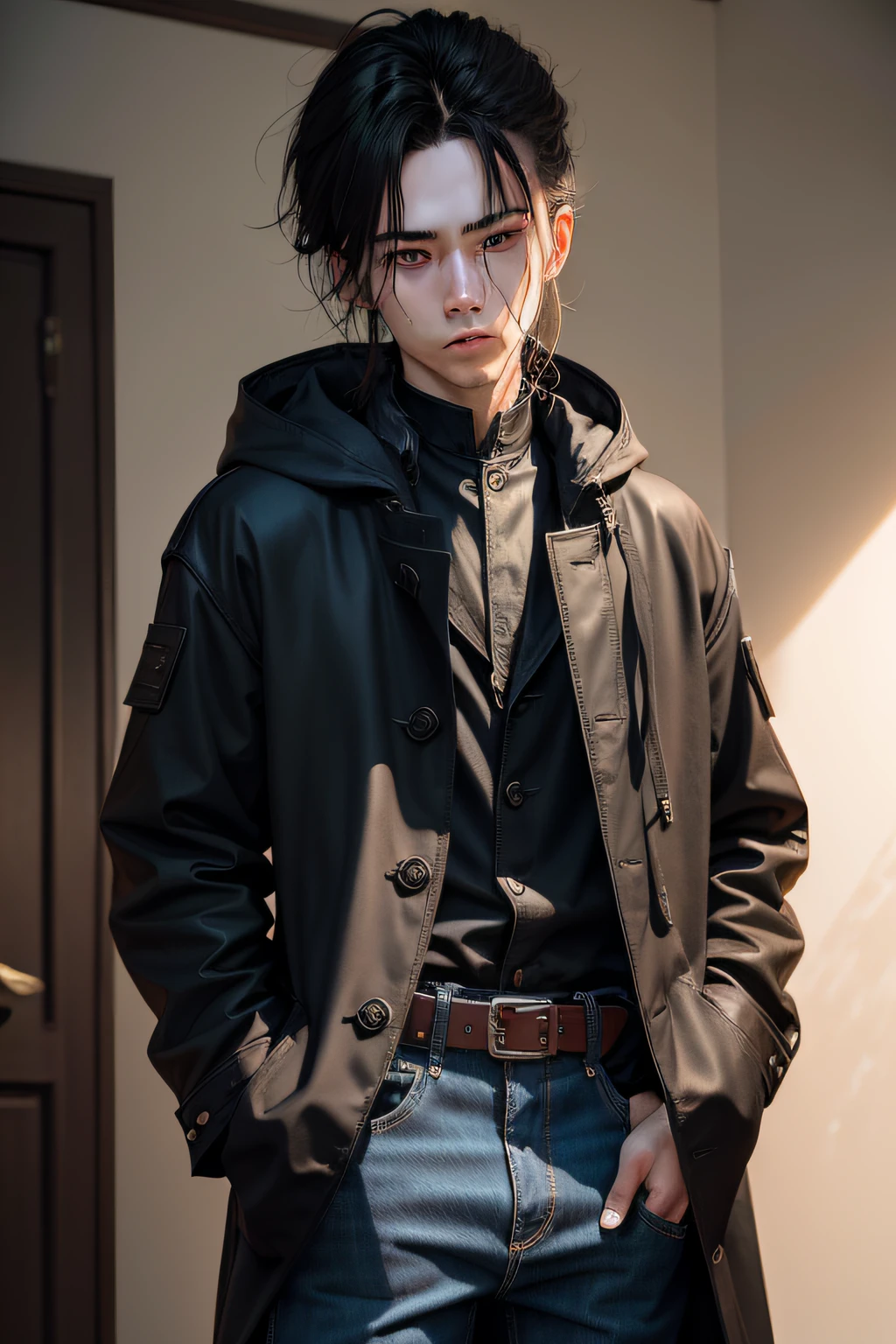 The black coat of the dust servant,denim pant、Martin boots,Messy brunette scratched the back of his head,A few strands of hair that had fallen off fluttered on his pale face。ember