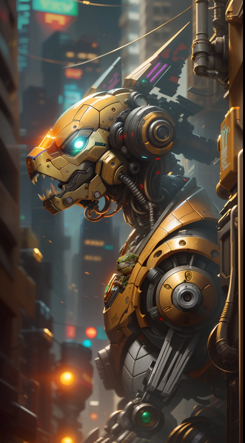 Ninja turtles, biomechanics, complex robots, gold, full growth, hyper-realistic, crazy little details, incredibly clean lines, cyberpunk aesthetic, masterpiece featured on Zbrush Central, cyberpunk city backdrop