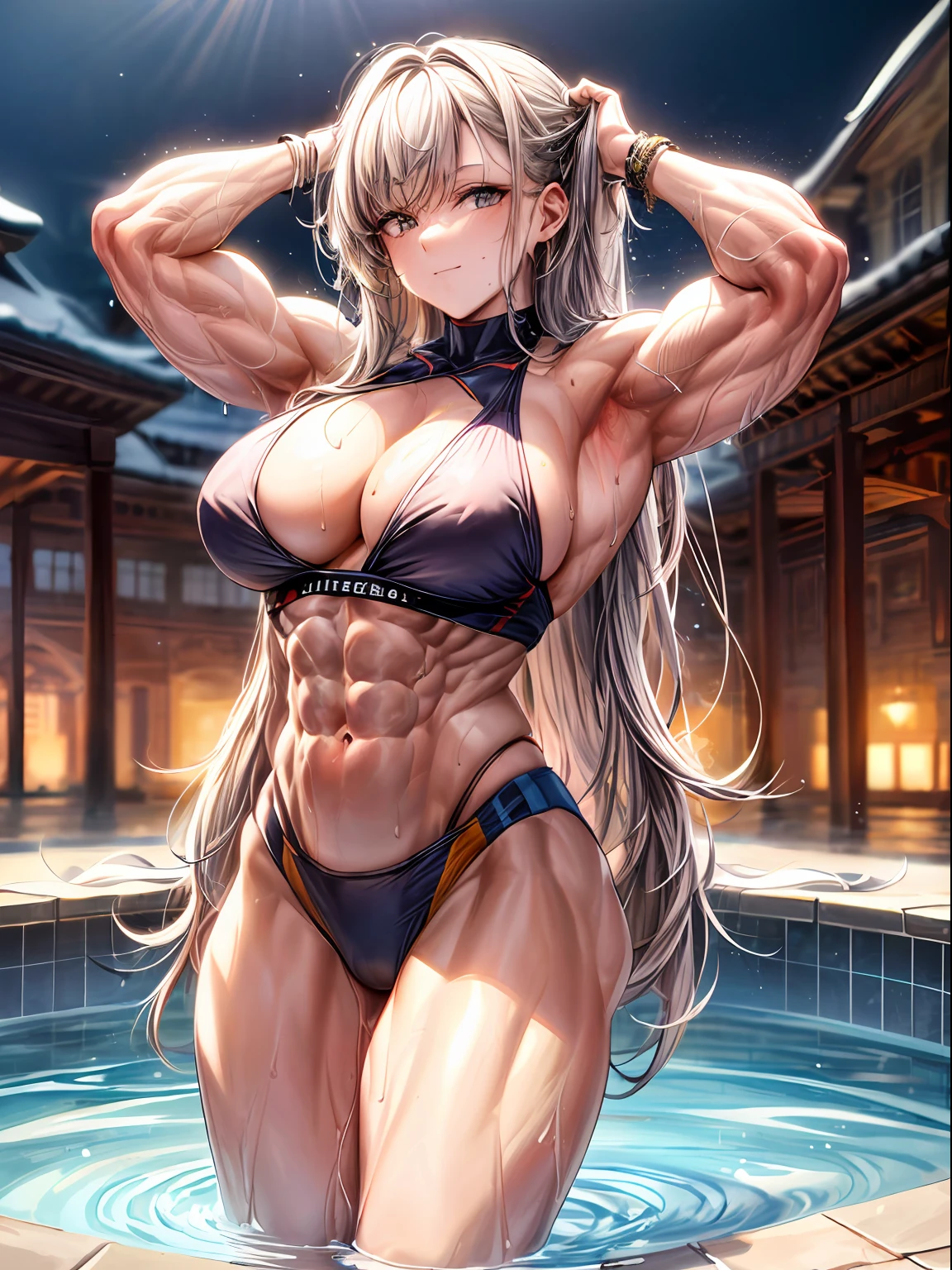 BEST lighting) , (ultra intricately detailed) , 4K unification, (super-detailed CG: 1.2) , (8K: 1.2),(Original), (Masterpiece) , (Best quality),(Masterpiece:1.4),Anime-ish high quality,(Masterpiece),Masterpiece, Best quality, absurderes,((masterpeace, 4K, 8K, Yes, A high resolution))1girll, She was standing in the pool，Crop topping, Spring, Boots, Perfect figure, yellow long hair, Sweat, Dynamic pose, ((body builder:1.5)),Temple background,(Beautiful bace),(Girl),(Female),(((Upper body:1)))