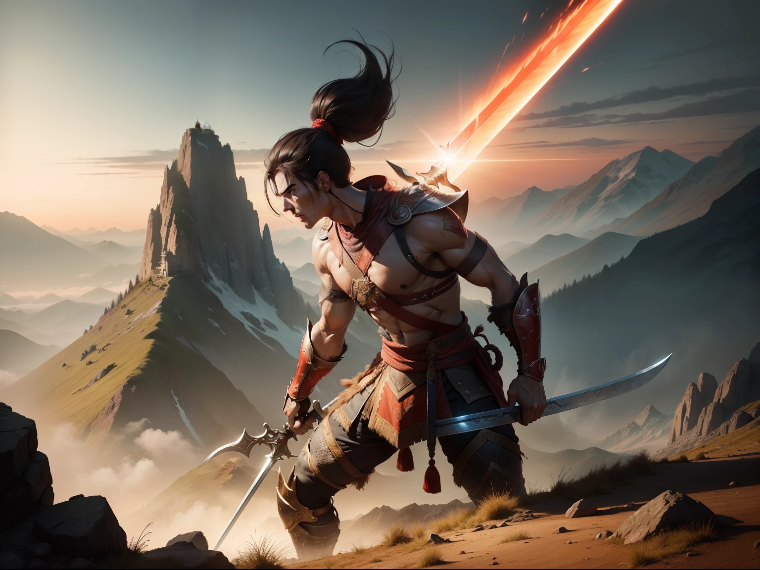 A warrior wields a giant sword,Face the giants at the top of the mountain,In the distance is a red sun
