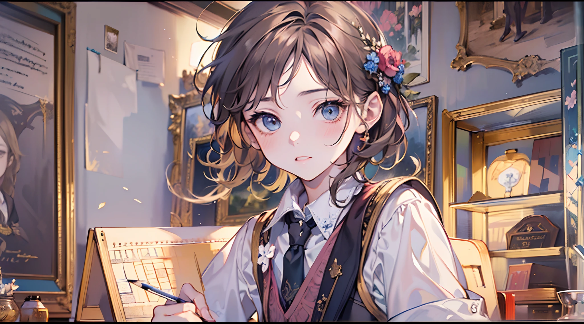 (Masterpiece, top quality, super detailed CG, intricate details:1.2), 8k wallpapers, elaborate features,
(1 person, solo:1.4), perfect cartoon illustration, 1 boy, school uniforms, plaster casts, drawing exercises(do sketching), pencil, canvas, at school art room,