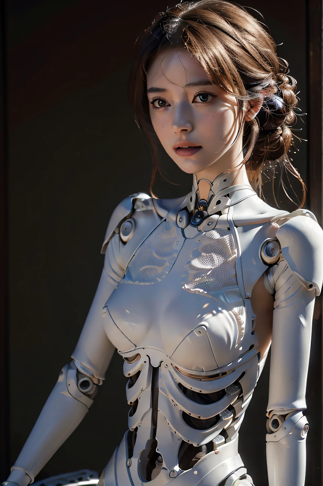 (((masterpiece))), (((best quality))), ((ultra-detailed)), (highly detailed CG illustration), ((an extremely delicate and beautiful)), A mechanical girl, revealing a delicate face and lips, full body, white mecha skeletons, mechanical joints, mechanical limbs, flesh and blood torso, large breasts, behind it seems to have a sun, and the bones have golden patternsv