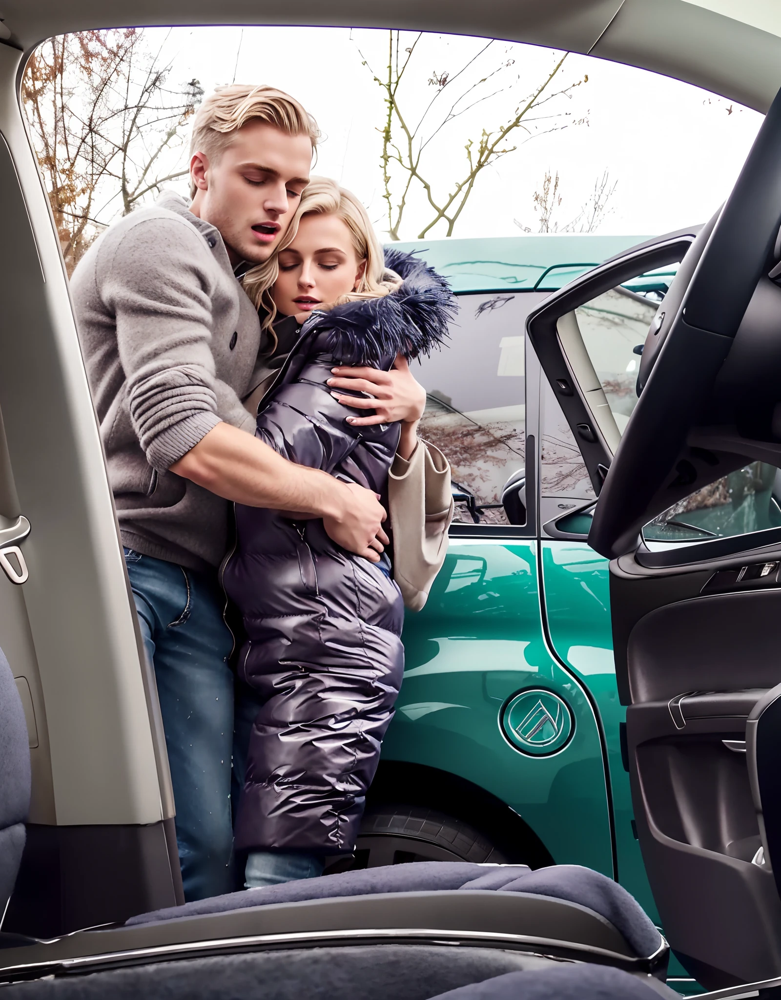 a blond and shorthaired german boy in a grey matte wool pullover and matte blue jeans is standing close with a longhaired and attractive and extremely made up ukrainian woman in a high shine wetlook laquered downcoat, a longhaired and attractive and extremely made up ukrainian woman in a high shine wetlook laquered downcoat is hugging and kissing and fingering with passion her blond and shorthaired german boyfriend in a grey matte wool pullover and matte blue jeans, love scene, erotic action, fingering, kissing, hugging, orgasmic faces, screaming in orgasm, cumming, moaning with pleasure, groaning with pleasure