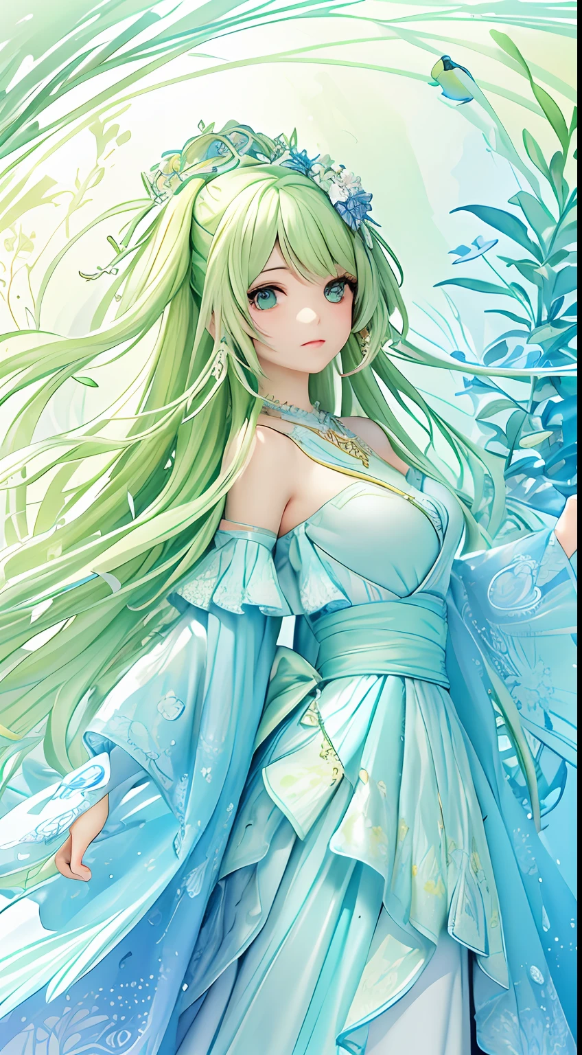 "(tmasterpiece, Top image quality, best qualityer, Watercolor texture, offcial art, Beauty and aesthetics:1.2, s fractal art:1.3), (1girll:1.3, s fractal art:1.3, Side half, Shoulder-length green hair, Smoky gray eyes, Blushing expression), The protagonist: Movie characters in wedding dresses, Beautiful aquarium background design"