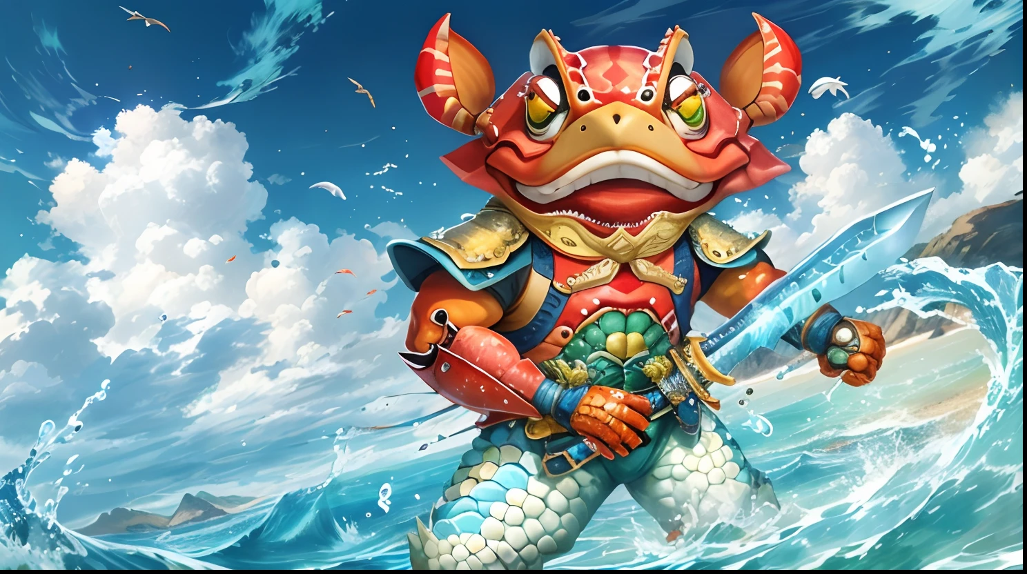 There is a cartoon crab in the water holding a sword, lobster themed armour, humanoid turtle monster, crabcore, crab monster, anthropomorphic crab, splashcreen character art, turtle warrior, toad samurai, hermit crab titan, wielding a fish sword, anthropomorphic turtle hero, headcrab, elephant - crab creature