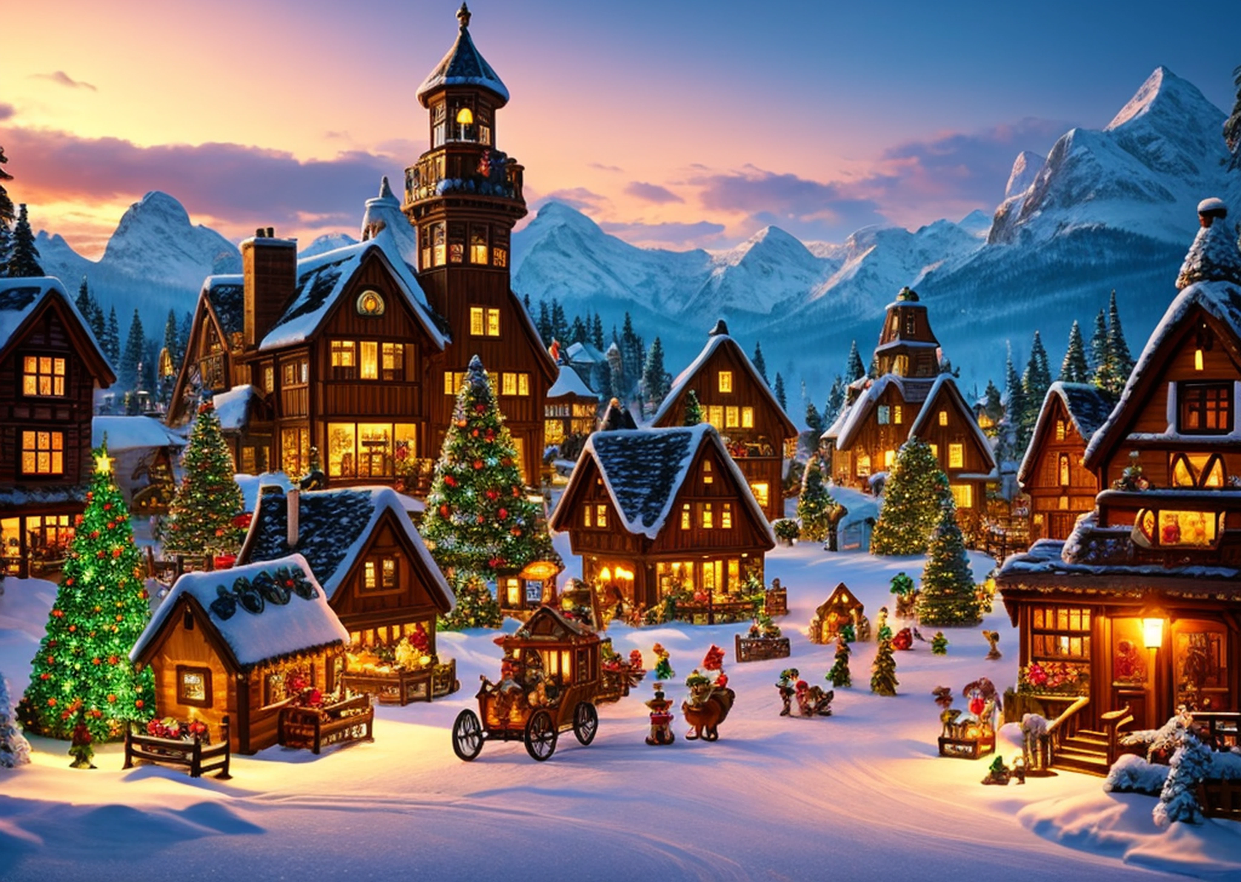 Gingerbread Candy Village, steampunc, A cinematic scene, artistic décor, studio lit, Colorful, inspectorcore, fanciful, fairytale-like, iintricate, ln the forest, Santa Claus in the air with reindeer, snowfield,glowworm, florals, Christmas, Hansel and Gretel, The background is blurred out, Bokeh, 中景 the scene is, Visually stunning, Painted landscapes, concept-art, Trends on ArtStation, Art germ, CGSesociety,Sunset