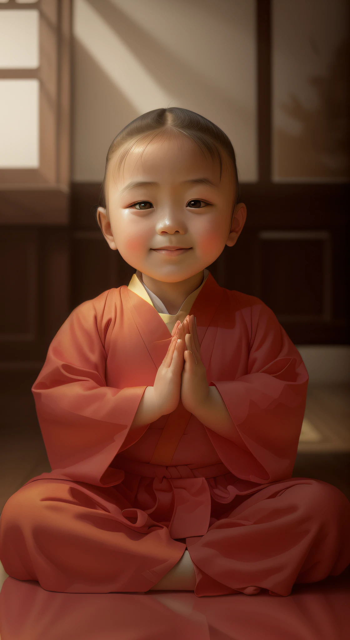 "A with an ancient Chinese style,Face the lens,Smile at the camera,gentlesoftlighting,Put hands together andpray,Wear a garland on your head,The little girlYoung Chinese little girl, Chinese goung girl, Chinese Buddhist clothing, Chinese Buddhist dress, Asian girl, Wearing ancient Chinese clothes, China Princess, Little girl cute little girl, A hion,4K"