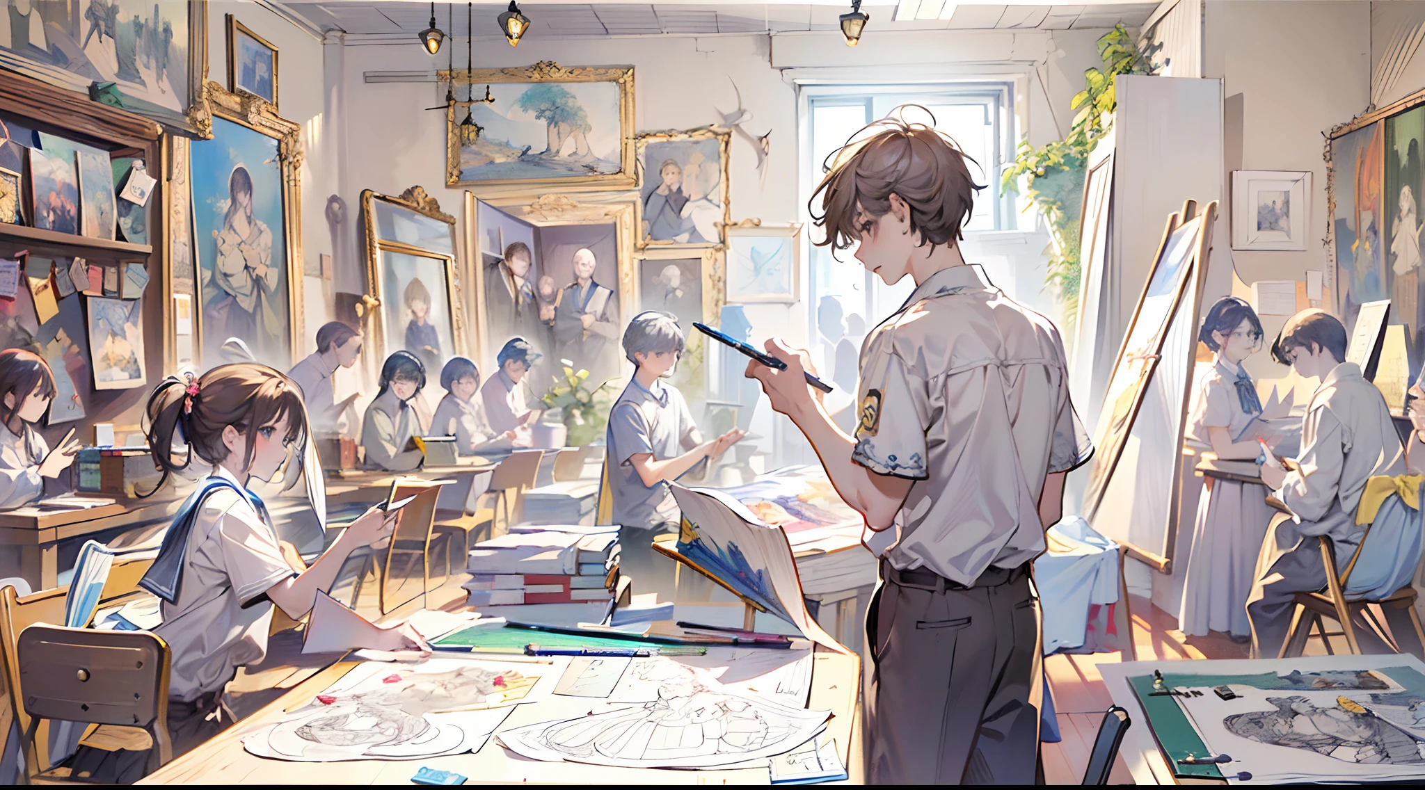 (Masterpiece, top quality, super detailed CG, intricate details:1.2), 8k wallpapers, elaborate features,
(1 person, solo:1.4), perfect cartoon illustration, 1 boy, school uniforms, plaster casts, drawing exercises(do sketching:1.5), pencil, canvas, at school art room,