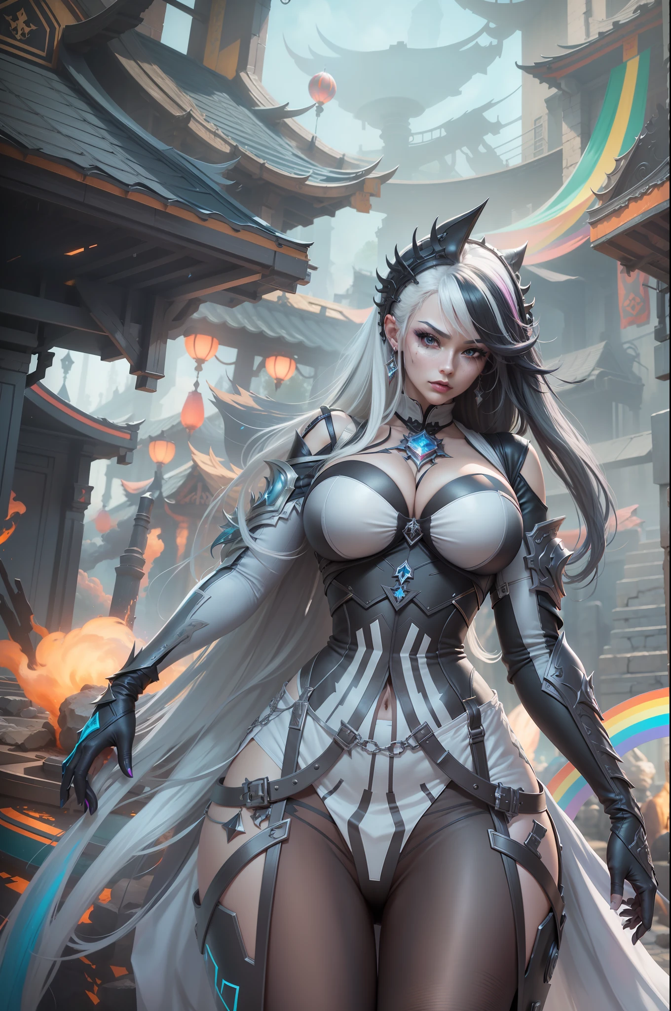 Epic scenes,Colorful colors,unreal-engine,8K分辨率,tmasterpiece,Rainbow skins,Specular reflection,Ray tracing effect,blacksilk,Imperial Daughter,A MILF,tightsuit,huge tit,short skirt,stocklings,Complicated details,fantasy concept art,White-gray hair,goth style