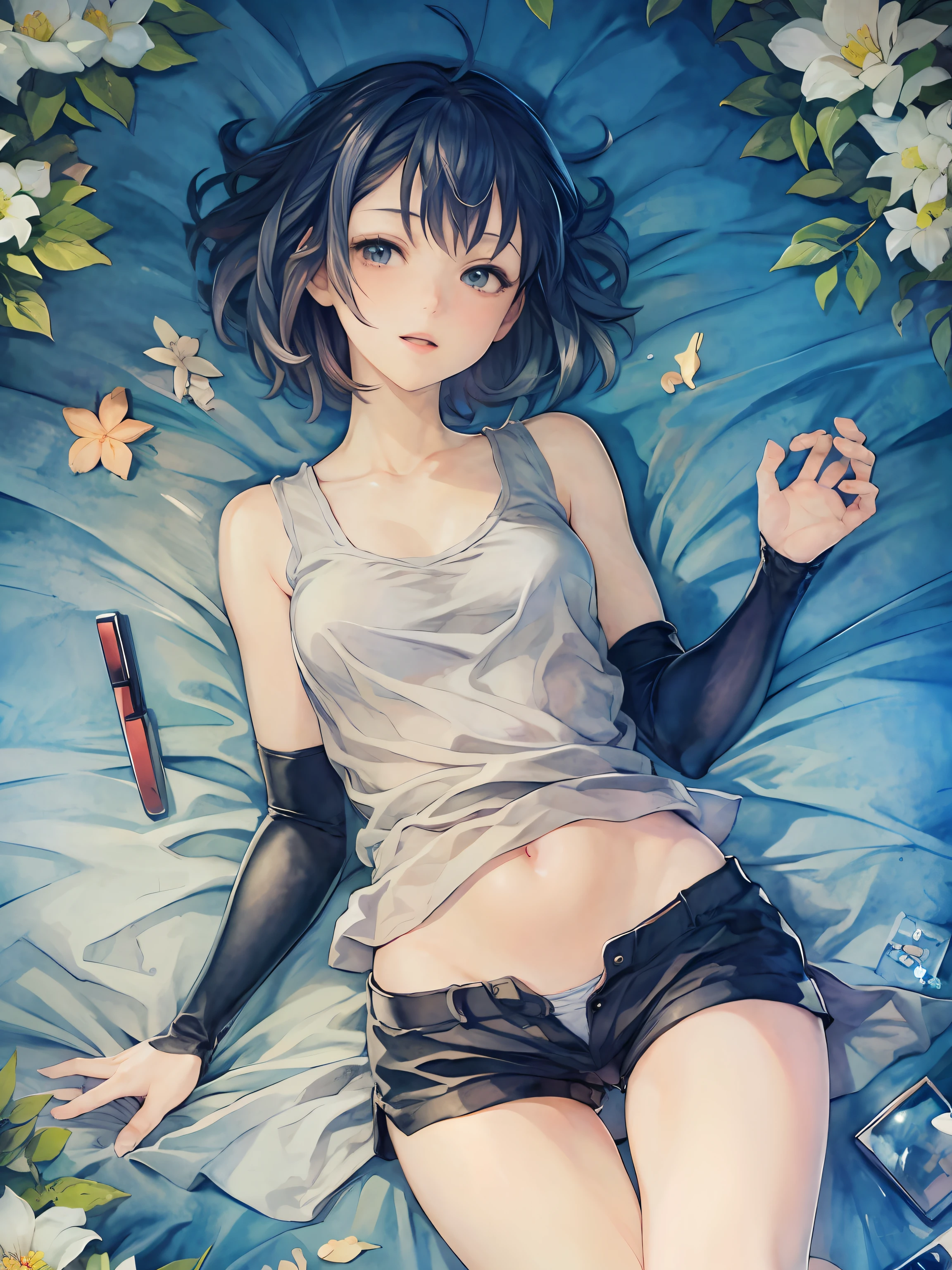 Detailed manga illustrations,(masterpiece),(top-quality),astonishing,beautifuldetails,highly detailed wallpaper,the Extremely Detailed CG Unity 8K Wallpapers,extremely delicate and beautiful,face perfect, side lights, shinny skin, (brilliance), illuminating, depth of fields, Near and far law,
1 rapariga, :d, black_hair, shortpants,White Tank Top、Panties from the gap in shorts Cherry tree, looking_at_viewer, short_hair, 独奏, full bodyesbian,
细致背景、