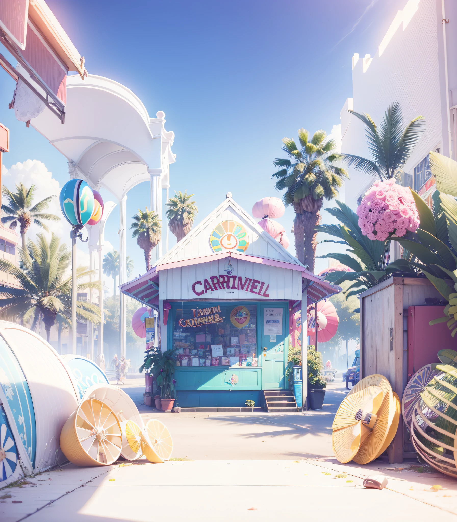 Paradise World/Carnival City,3Drenderingof,Dopamine mood heaven,Summer carnival style,Lovely and sophisticated building,Shop,Premium texture,high-class details,Studio lights