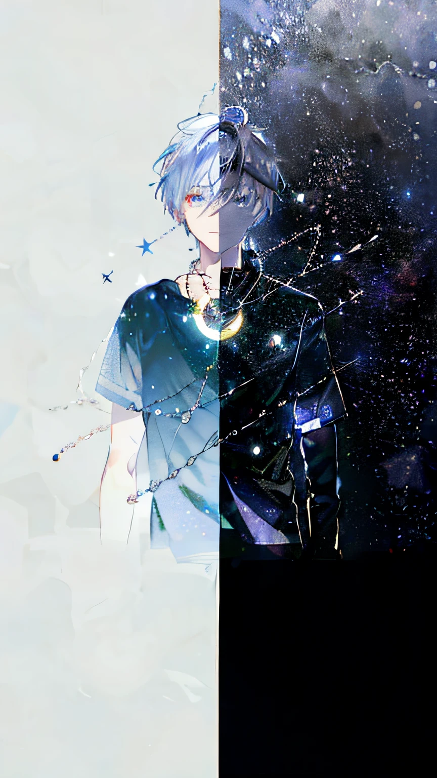 Anime boy with necklace and necklace around his neck, animeaesthetic, dark and stars in the background, With stars, anime wallaper, Accurate depiction, anime backgrounds, aesthetic award winning anime, animeaesthetic, anime wallpaper, dressed in stars and planets, amazing wallpapers, High Quality Anime Art Style, on a galaxy looking background, Starry sky!!with black background, head portrait