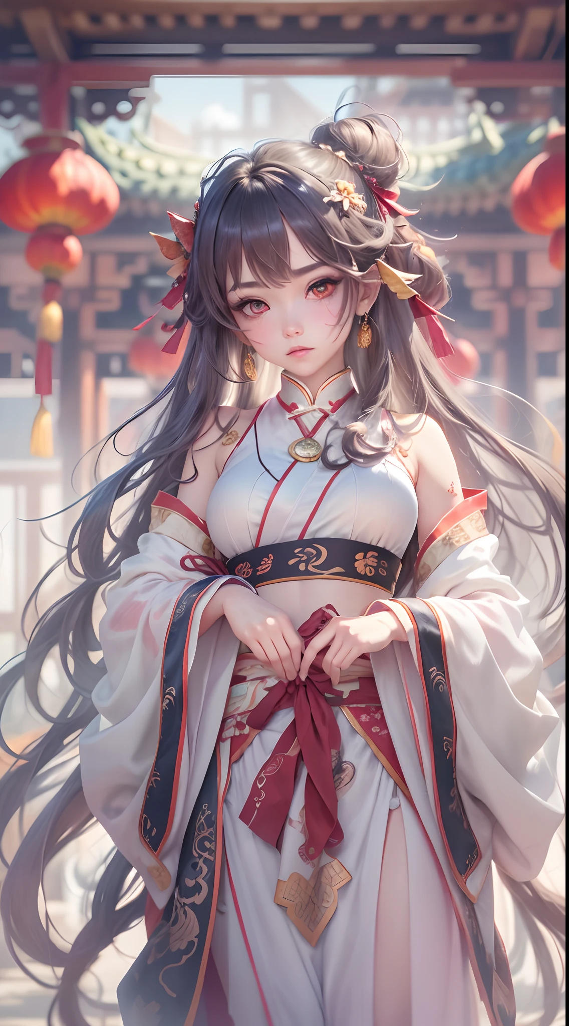 (masterpiece)), ((best quality)), ((official art)), (extremely detailed CG unity 8k wallpaper), ((highly detailed)), ((illustration)), traditional chinese painting,((Chinese wind)),((a girl)), (single), staring, fairy,hair_ornament, earrings, jewelry, (very long hair), (messy_hair), bare shoulders, ribbon,hairs between eyes, beautiful detailed sky,full body,close-up,arms behind back,Taoist robe, thighs, aloft, mist-shrouded,chinadre,overexposure,[wet clothes],medium breast,solo,[doll],Bare thigh,incredibly_absurdres,intense angle ,pleated dress,chinese style architecture,single hair bun,white_hair,red_eyes,sideways glance,cold attitude,eyeshadow,eyeliner,eyes visible through hair,no shoes,ribbon-trimmed sleeves,earrings,necklace,tiara,medium_breasts,sunlight,reflection light,ray tracing,loli,Phoenix crown and rosy robe,blush