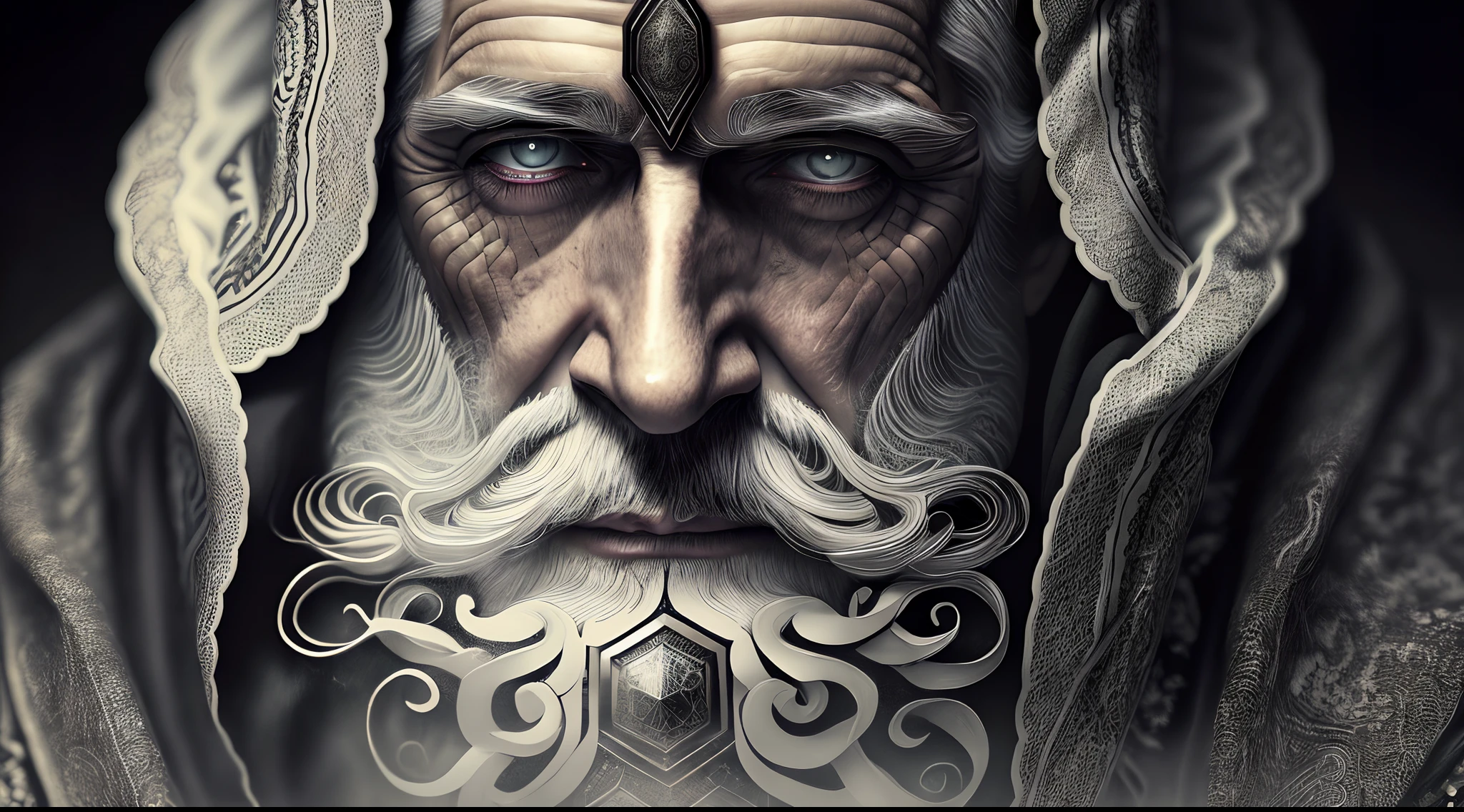fusionart elderly man, long white beard, black robe, intricate designs,