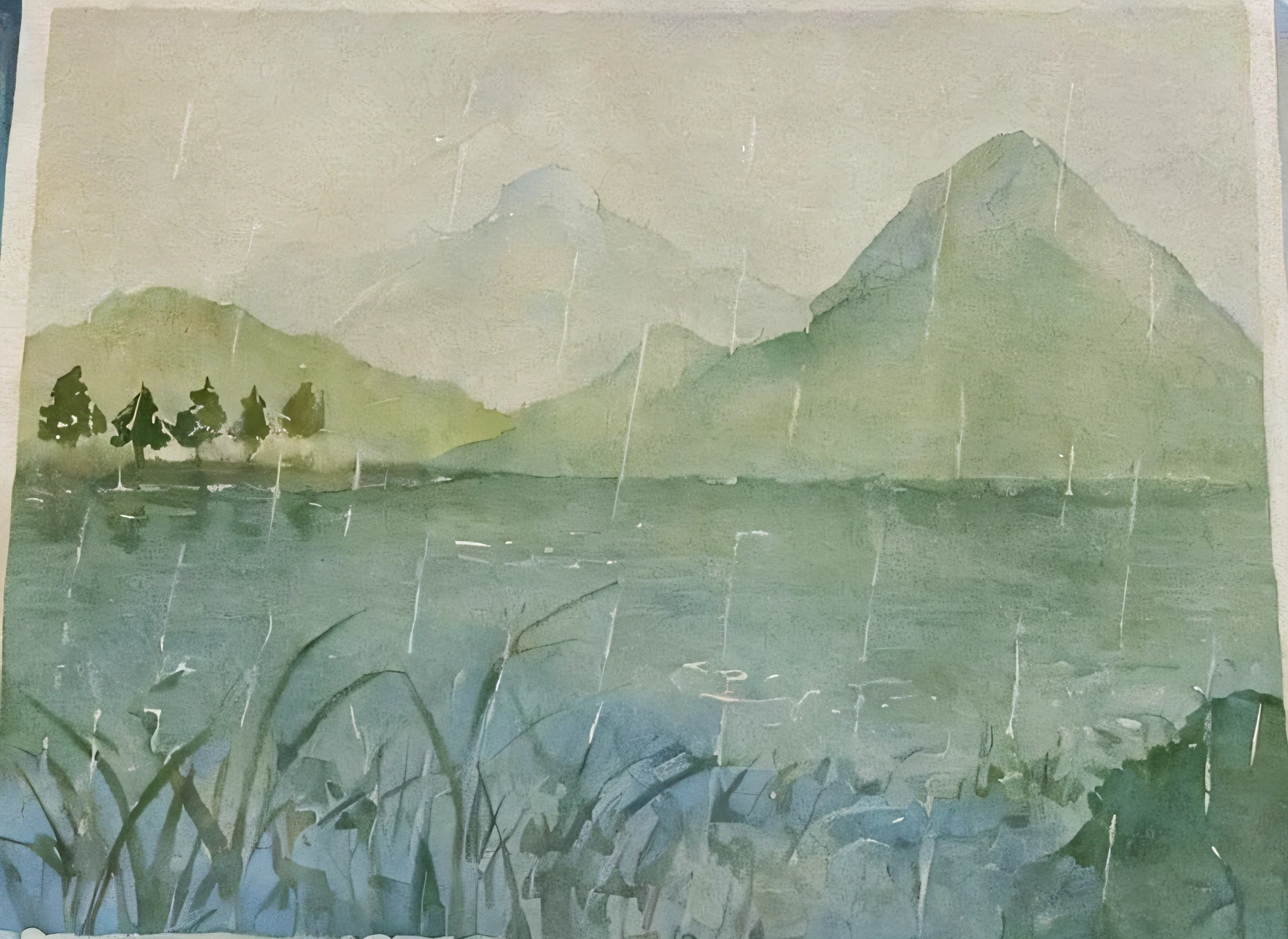 Lake painting with mountains as background, rainy scene, detailed watercolour, detailed lake in background, overcast lake, Water painting, In a rainy environment, Soft watercolor, aquarelle, a watercolor painting, highly detailed water colour 8 k, highly detailed water colour 8k, wet from rain, water landscape, detailed watercolour, rain falling, detailed watercolor,Sateen,watercolor paiting