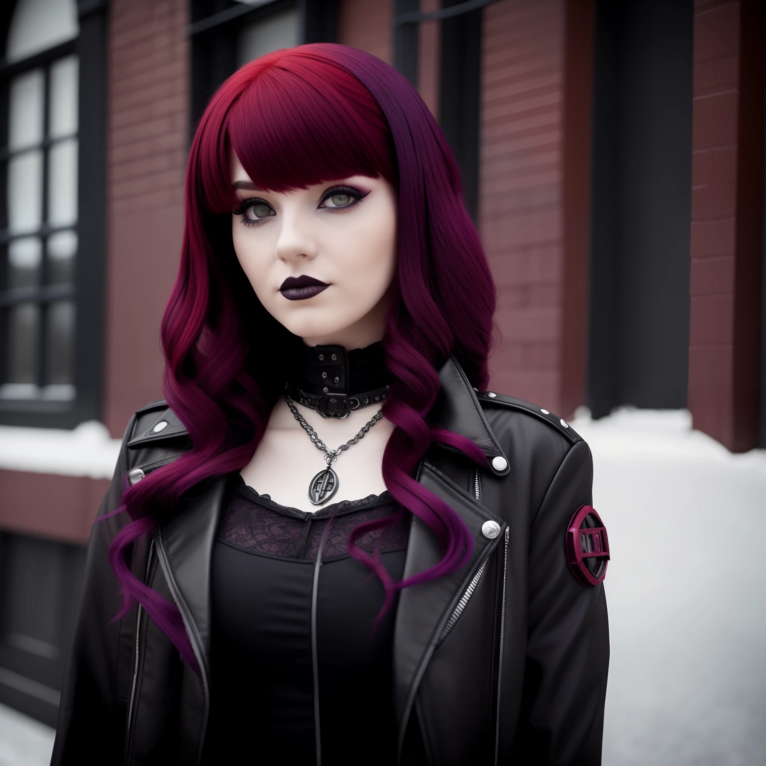 a close up of a person with a red hair and a black jacket, full body, dark purple hair and cybernetics, gothic girl, gothic girl, goth girl aesthetic, goth girl, gothic horror vibes, goth aesthetic, goth style, gothic clothing, gothic aesthetic, crimson hair, 1 7 - year - old goth girl, crimson red hair and red eyes