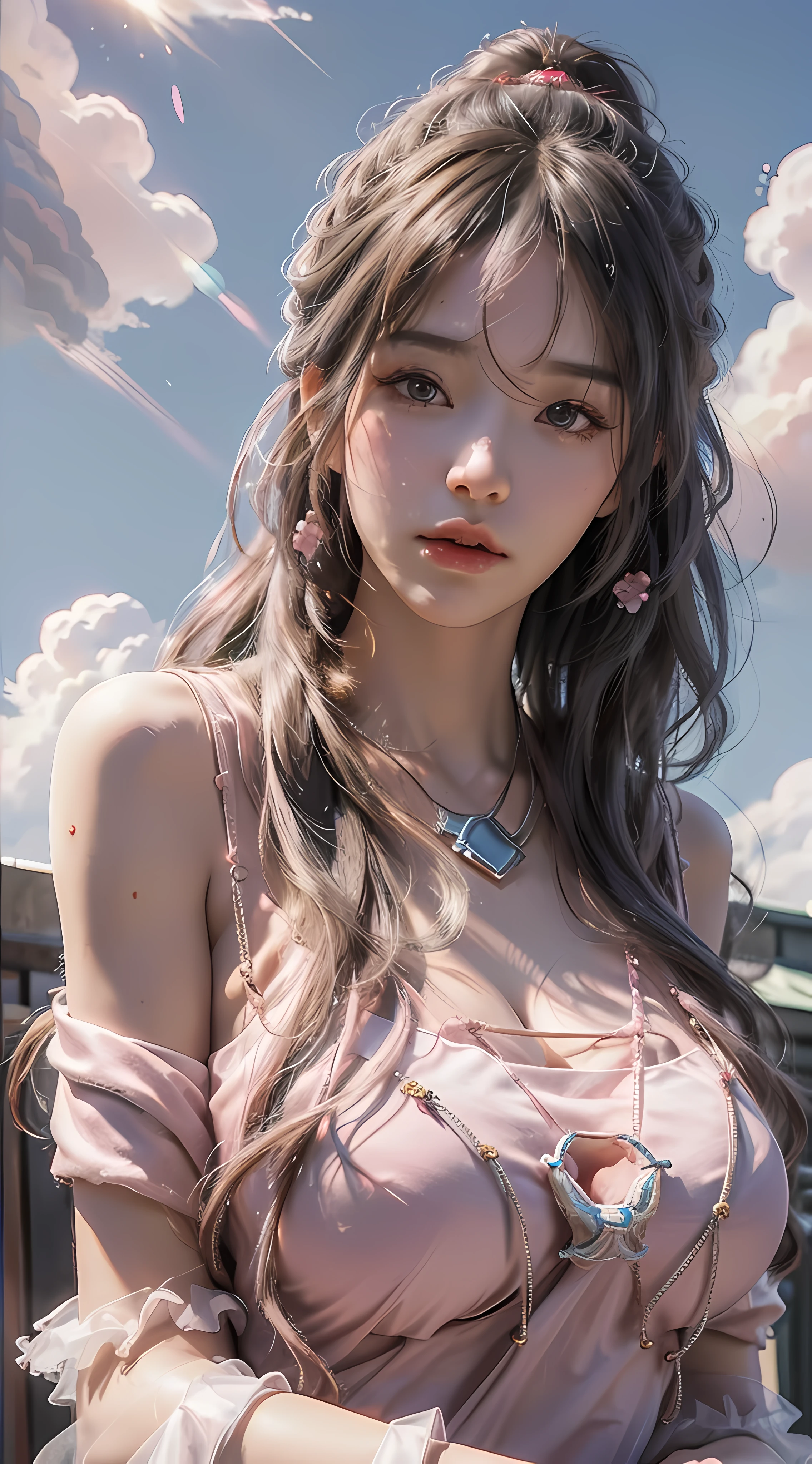 (RAW photo, best quality), (realistic, photo-realistic:1.3), best quality, highly detailed, masterpiece, ultra-detailed, illustration, 1girl, upper_body, dynamic angle, world mastery theater, messy_long_hair,best quality, extremely detailed CG unity 8k壁纸，ink，astounding，电影灯光，lens_flare，dunhuang_Style masterpiece，Best quality，Pink and white lace dress，Pink gray hair，exteriors，​​clouds，Kizi, huge tit，cleavage，Bare thighs，Innocent