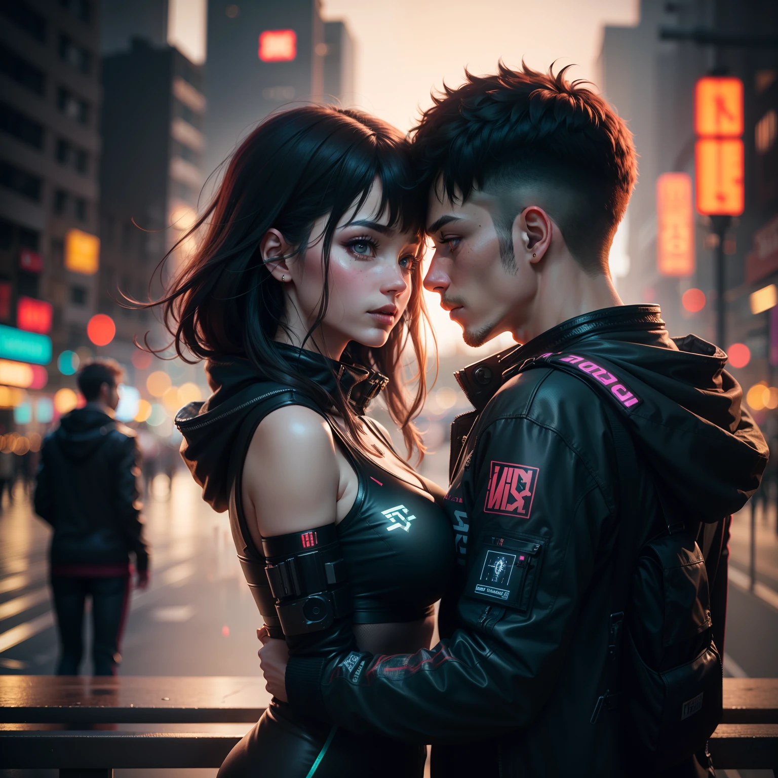 Two person fall in love, realistic,best quality, cyberpunk,8k, Bokeh,