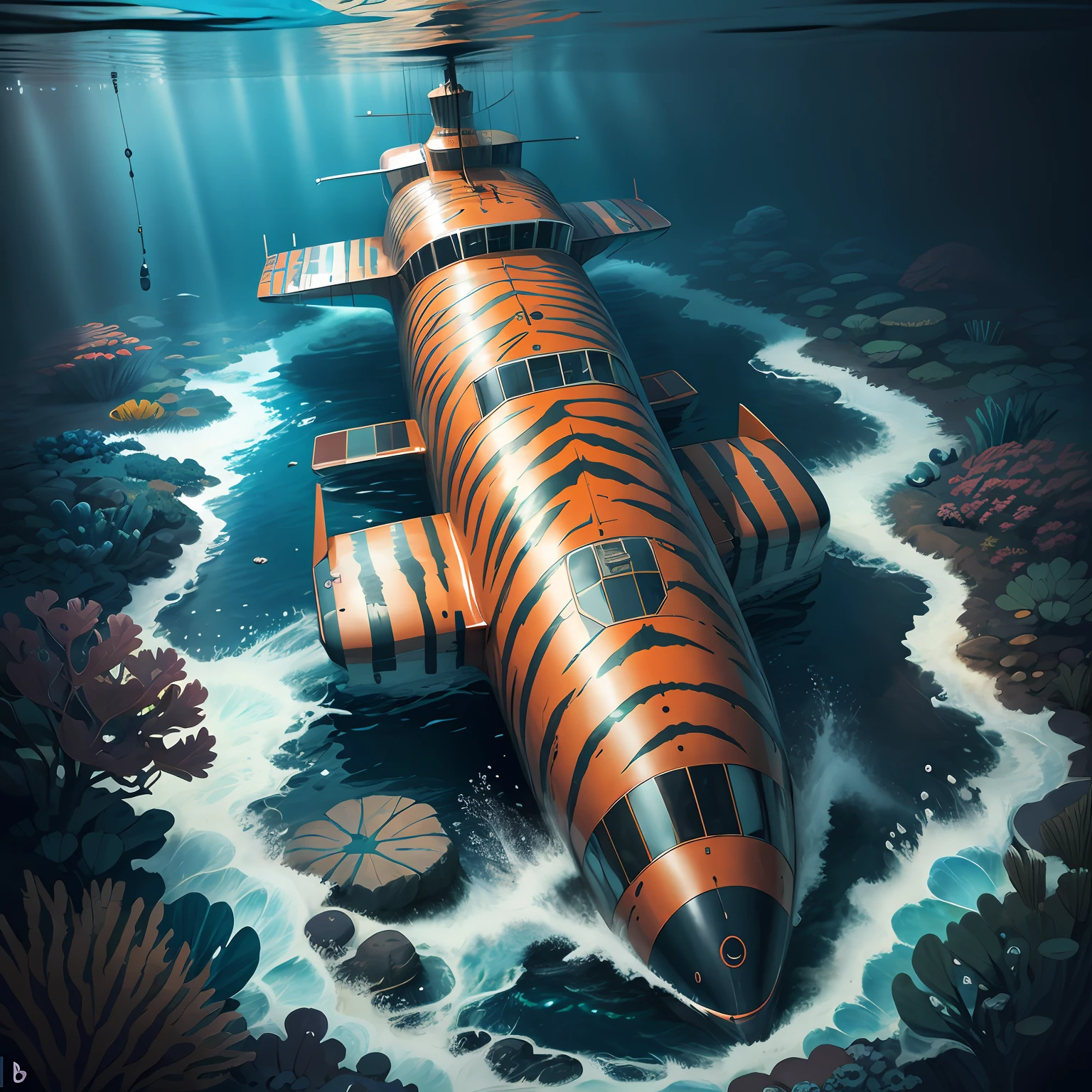 TigerstripeAI submarine deep underwater, top-down view