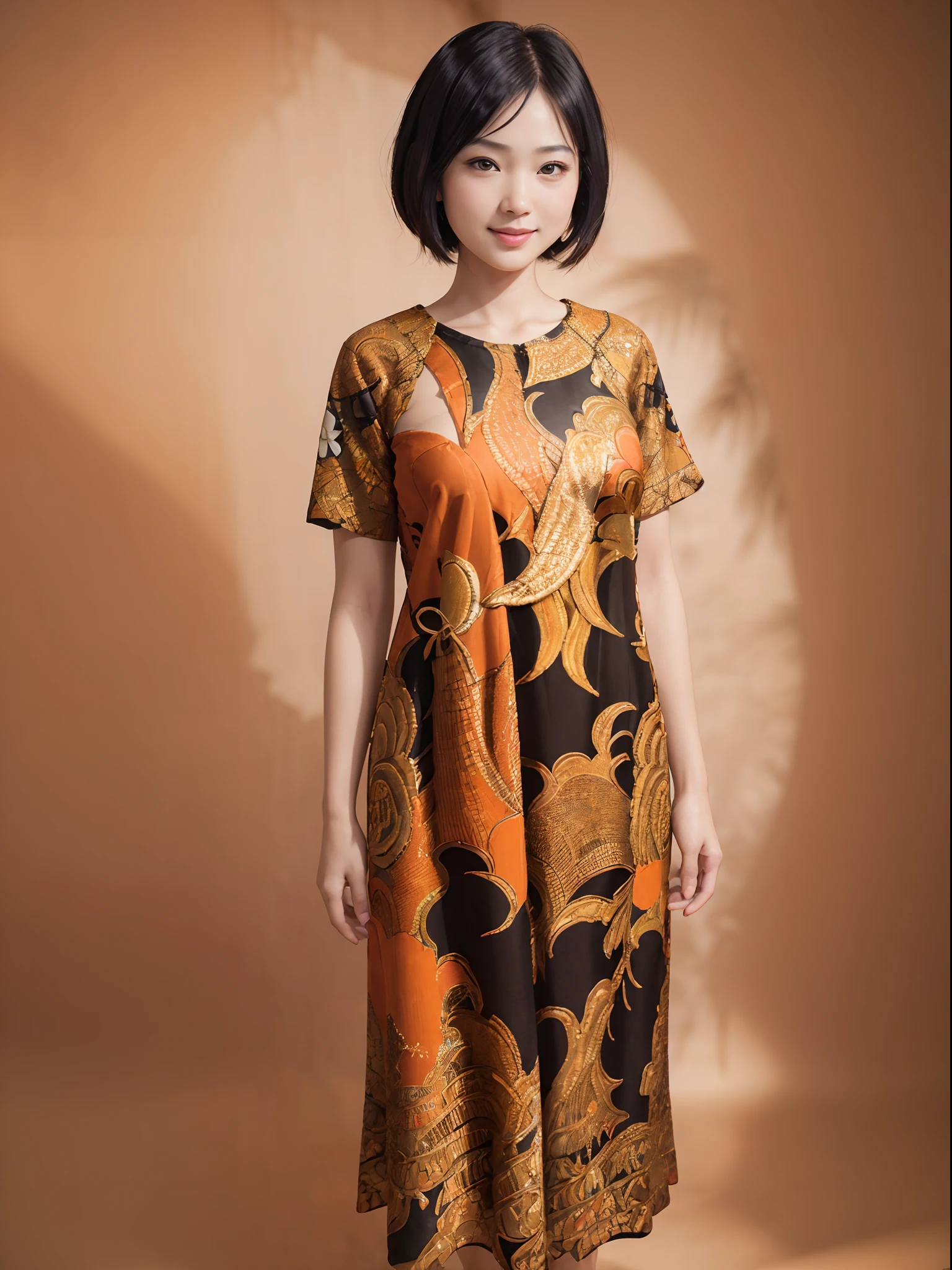 (realistic:1.3), insane detailed, quality, (masterpiece:1.2), (photorealistic:1.2), (best quality), (detailed skin:1.3), (intricate details), ray tracing, ((half body)), (((1girl))), (((1 person))), 20 years old, big breasts, short hair, smile, black hair, orange dress, batik, (blurred background)