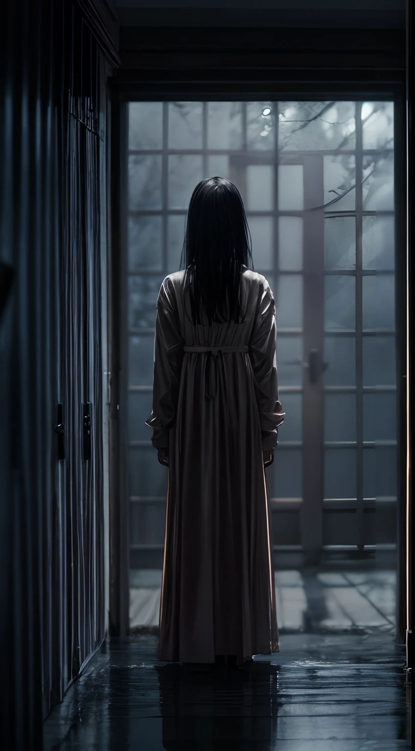 horror film shot of a creepy girl with long straight black hair, no face, wearing a dirty hospital gown, standing alone inside a mansion at night, rule of the thirds, tonal color scheme, pale brown, pensive stillness, bokeh, mystery, horror, unholy, eerie, creepy, moody lighting, in the style of denis villeneuve, film still, cinestill 800