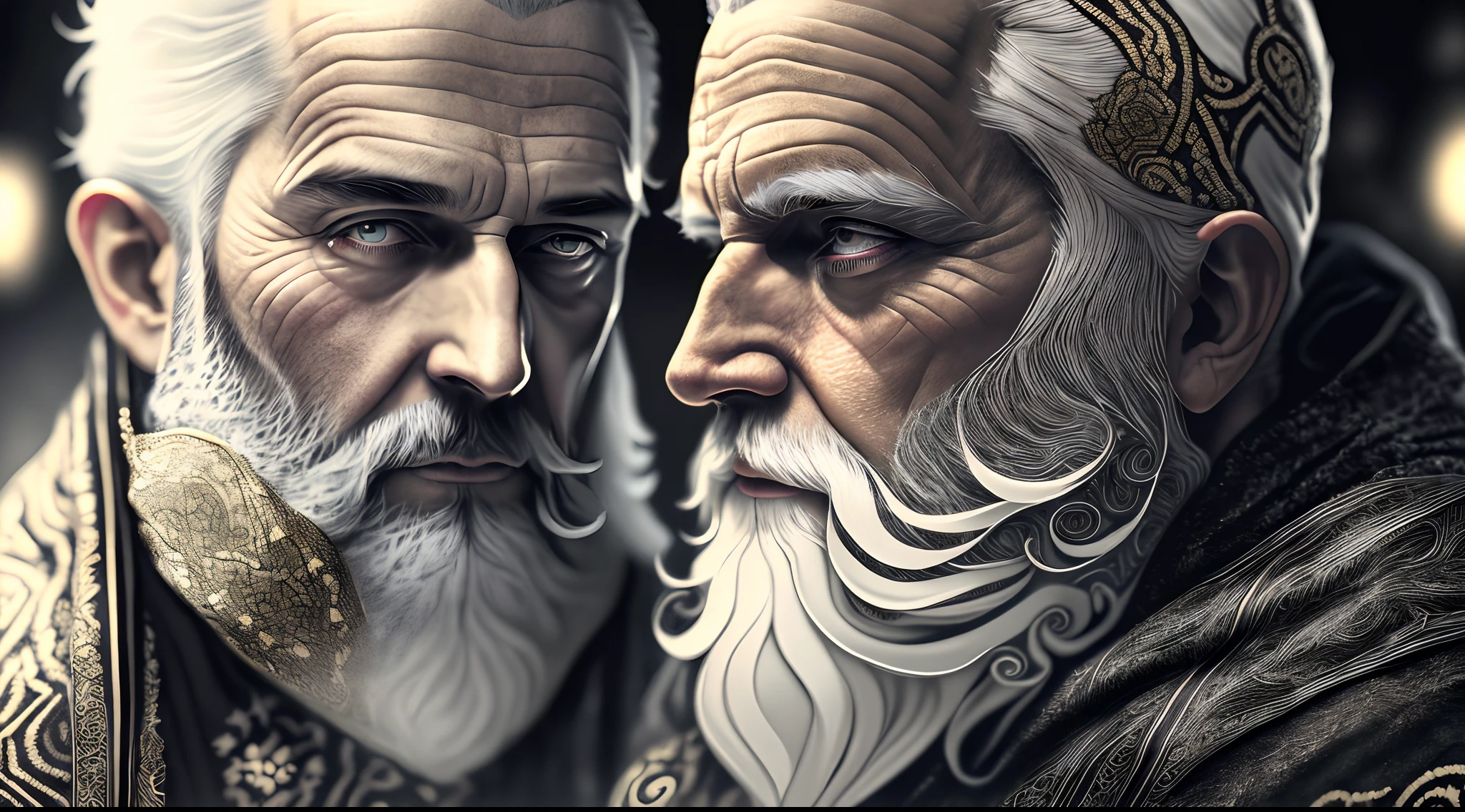 fusionart elderly man, long white beard, black robe, intricate designs,
