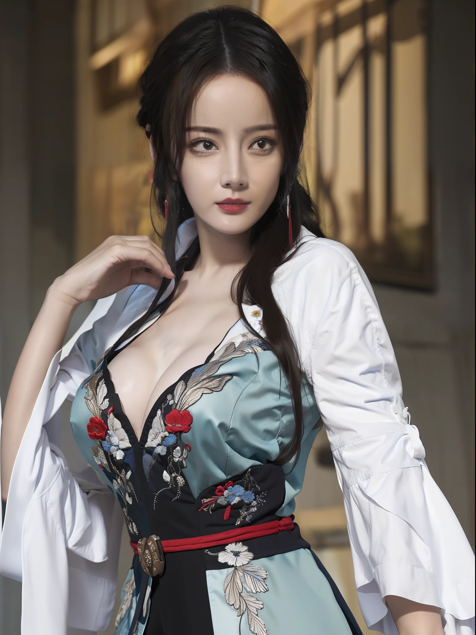 Best quality at best,tmasterpiece,photograph of-realistic,Complicated details,RAW photogr,Wearing a blue Hanfu,Raised sexy,Embroidery,blossoms,High definition of facial features,Skin feeling,robe,Ancient Imperial Background,Steps,gigantic cleavage breasts