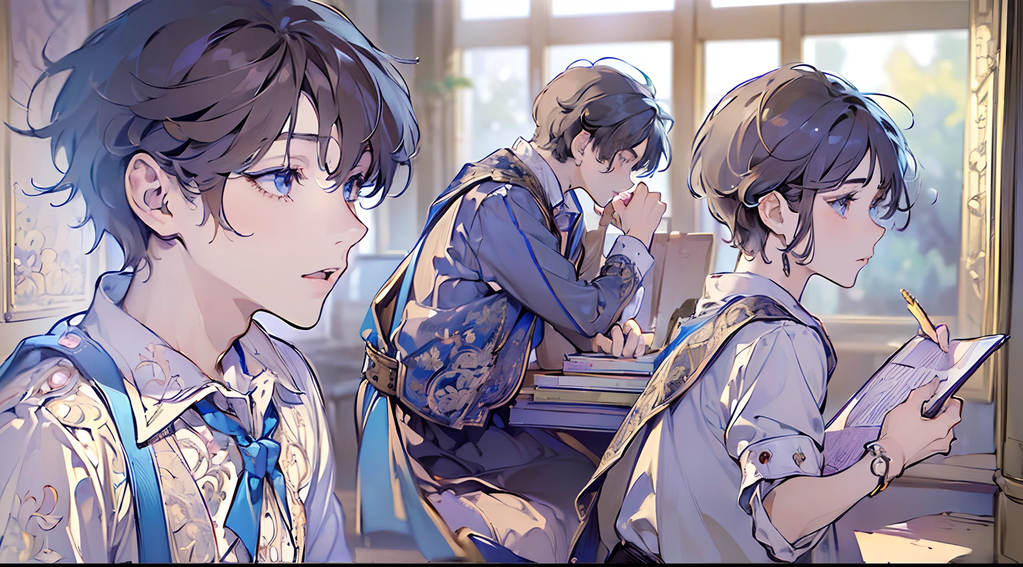 (Masterpiece, top quality, super detailed CG, intricate details:1.5), 8k wallpapers, elaborate features,
(1 person, solo:1.4), perfect cartoon illustration, 1 boy, school uniforms, plaster casts, drawing exercises(do sketching:1.5), pencil, canvas, at school art room,