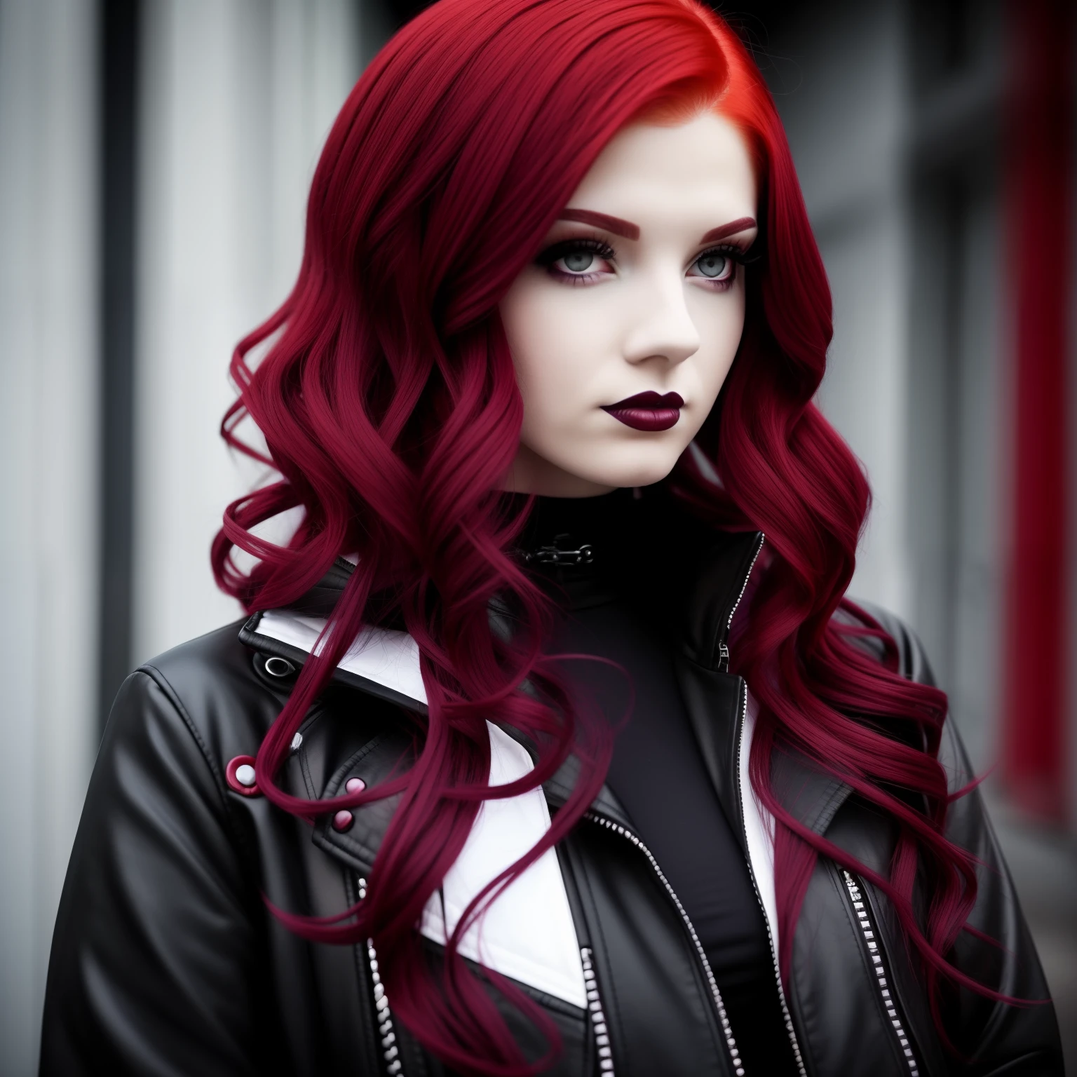 a close up of a person with a red hair and a white jacket, full body, dark purple hair and cybernetics, gothic girl, gothic girl, goth girl aesthetic, goth girl, gothic horror vibes, goth aesthetic, goth style, gothic clothing, gothic aesthetic, crimson hair, 1 7 -  - old h girl, crimson red hair and red eyes