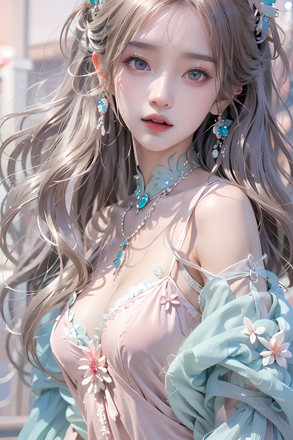 best qualtiy, tmasterpiece, 超高分辨率, (realisticlying:1.5), RAW photogr, 1girll, silber hair, long whitr hair,hair adornments,bshoulders,Cold and glamorous,Sexy look,Cyan and pink tulle dress, Detailed scenes, amazing pose, Eye-catching accessories, Picturesque