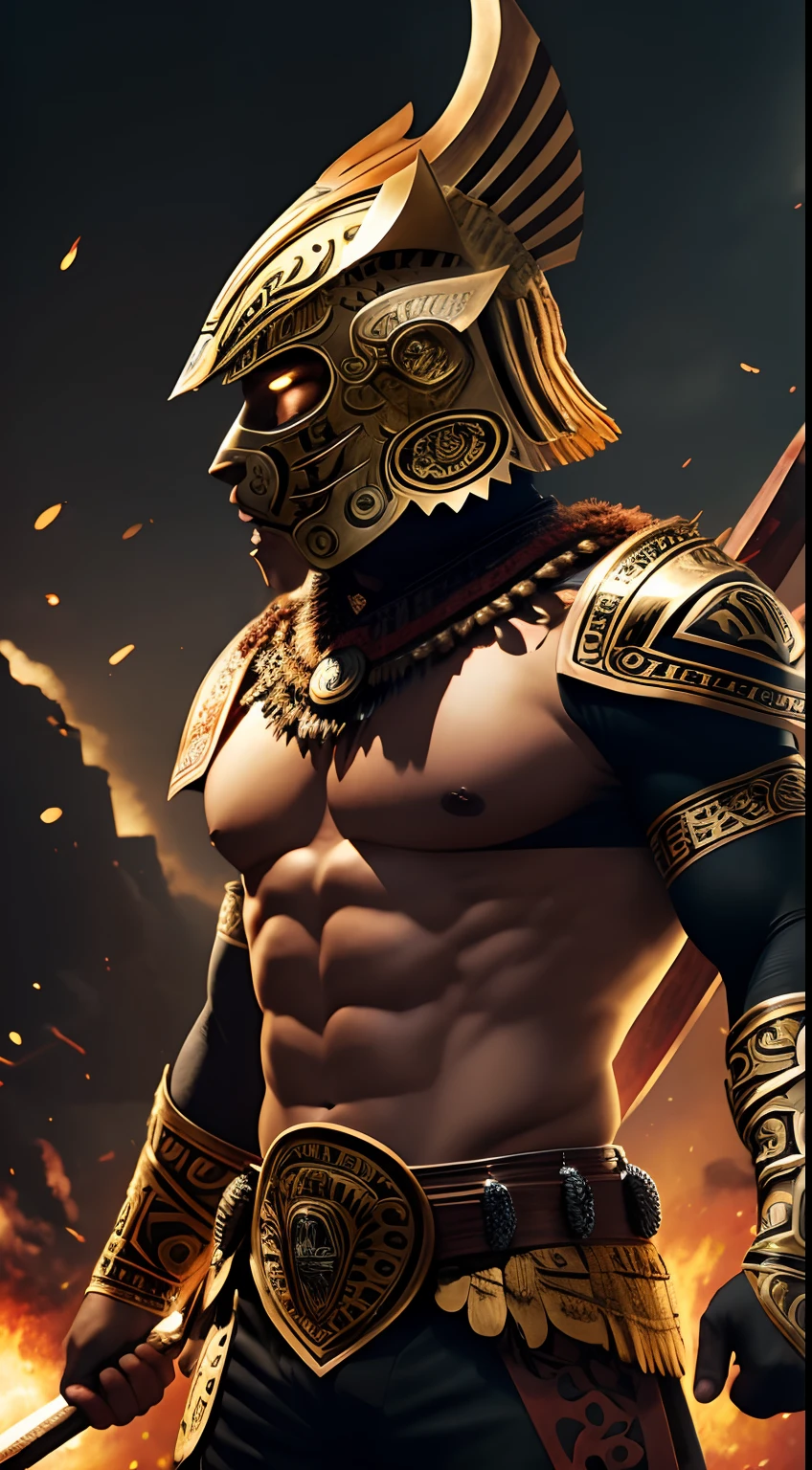 (8k), Ultra resolution 8K, Stunning illustration of a hero wearing a jaguar mask helmet, Athletic body Aztec warrior costume