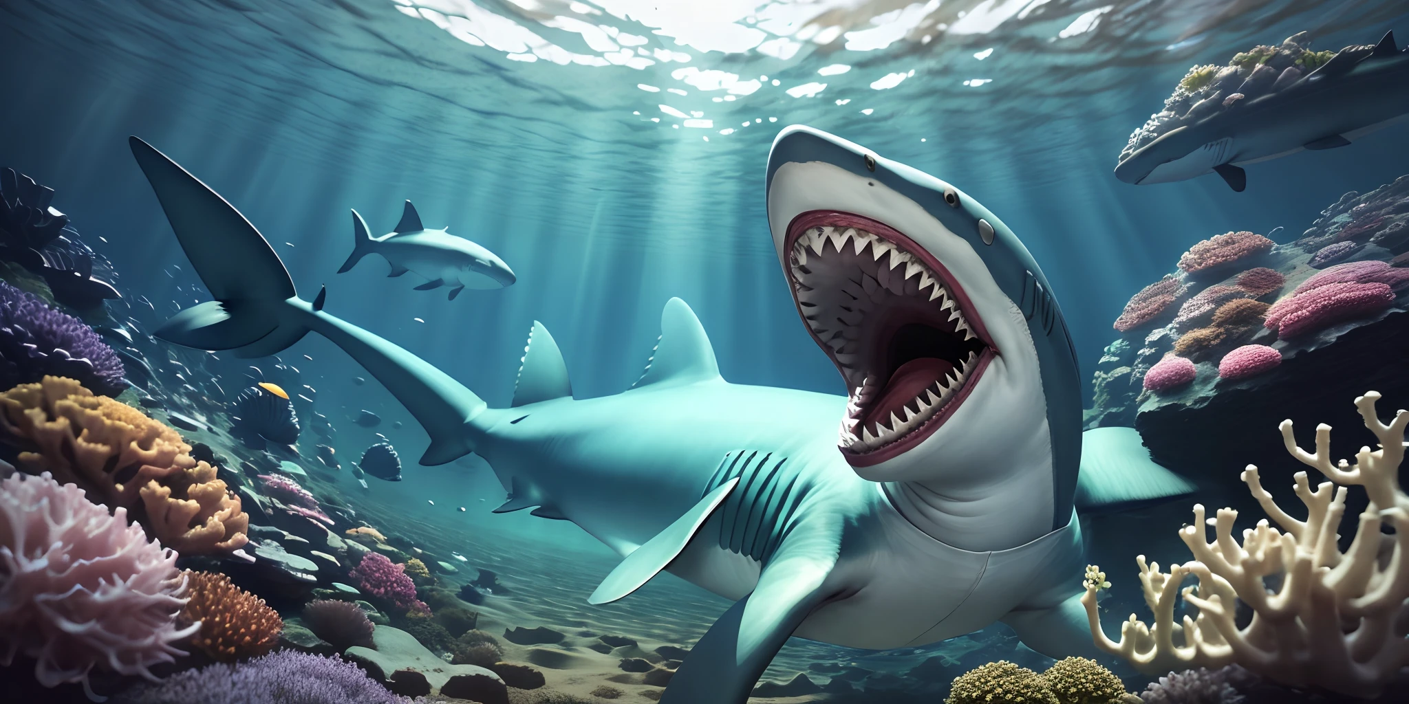 Sharks are a sea of flowers deep sea open mouth sadness