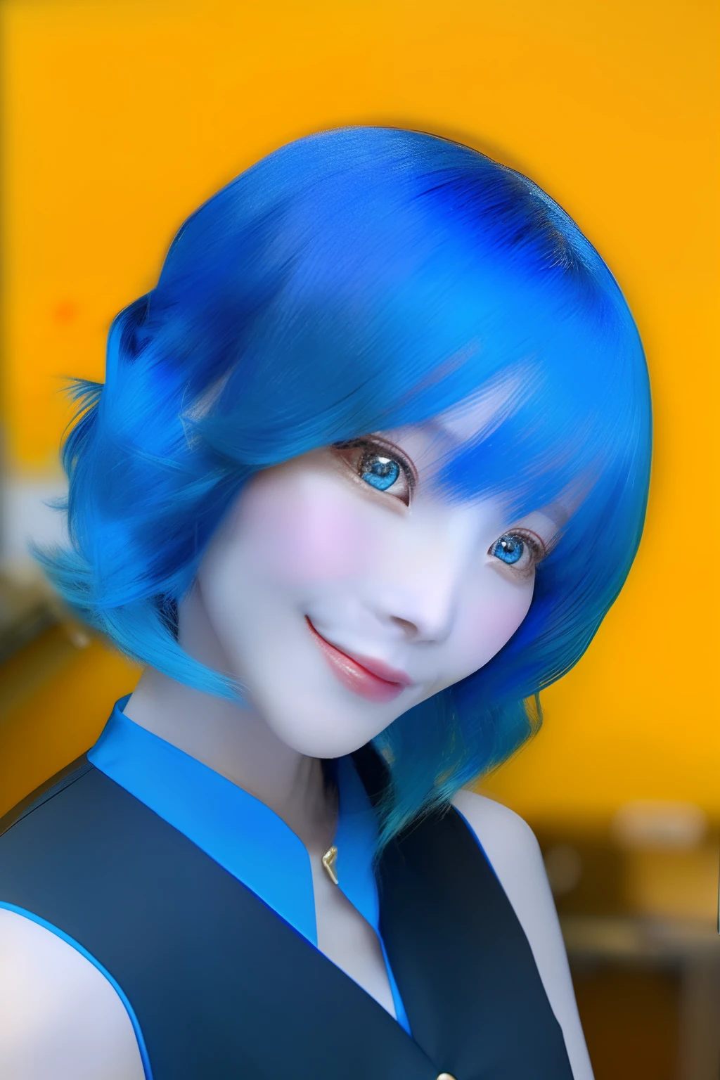 (The woman is handsome，blue  hair，short detailed hair，red color eyes，Lunette de soleil，Four or six points，hair covering one eye，年轻