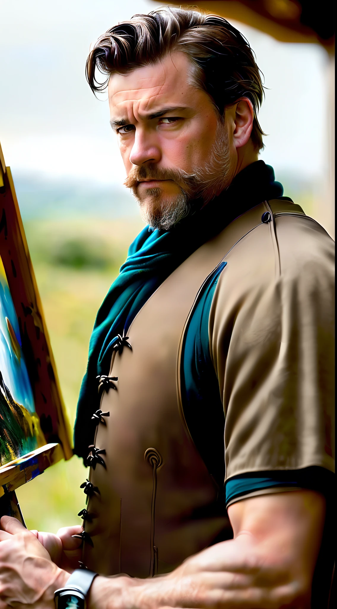 ModelShoot style, (Extremely detailed Cg Unity 8K wallpaper), full-shot body photo of the most beautiful artwork in the world, Medieval armor, Professional majestic oil painting by Ed Blinkey, atey ghailan, by Ghibli Studio, author:Jeremy Mann, Greg Manchess, Antonio Moro, trending on artstationh, trending on CGSociety, Intricate, High detail, Sharp focus, Dramatic, photorealistic painting art by midjourney and greg rutkowski,Strong middle-aged man,Short hair and short beard,musculature