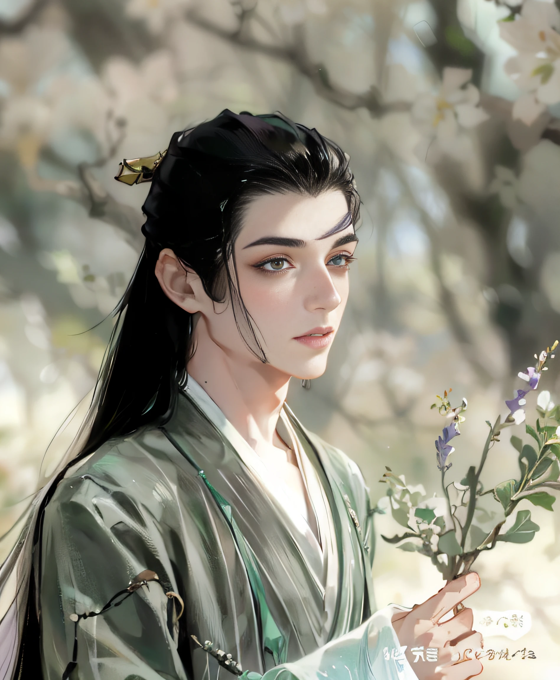 Young and handsome man，Wearing green Hanfu，Take a lavender， ssmile，Eyes are confused，There is a mole under the left eyebrow，Background bokeh