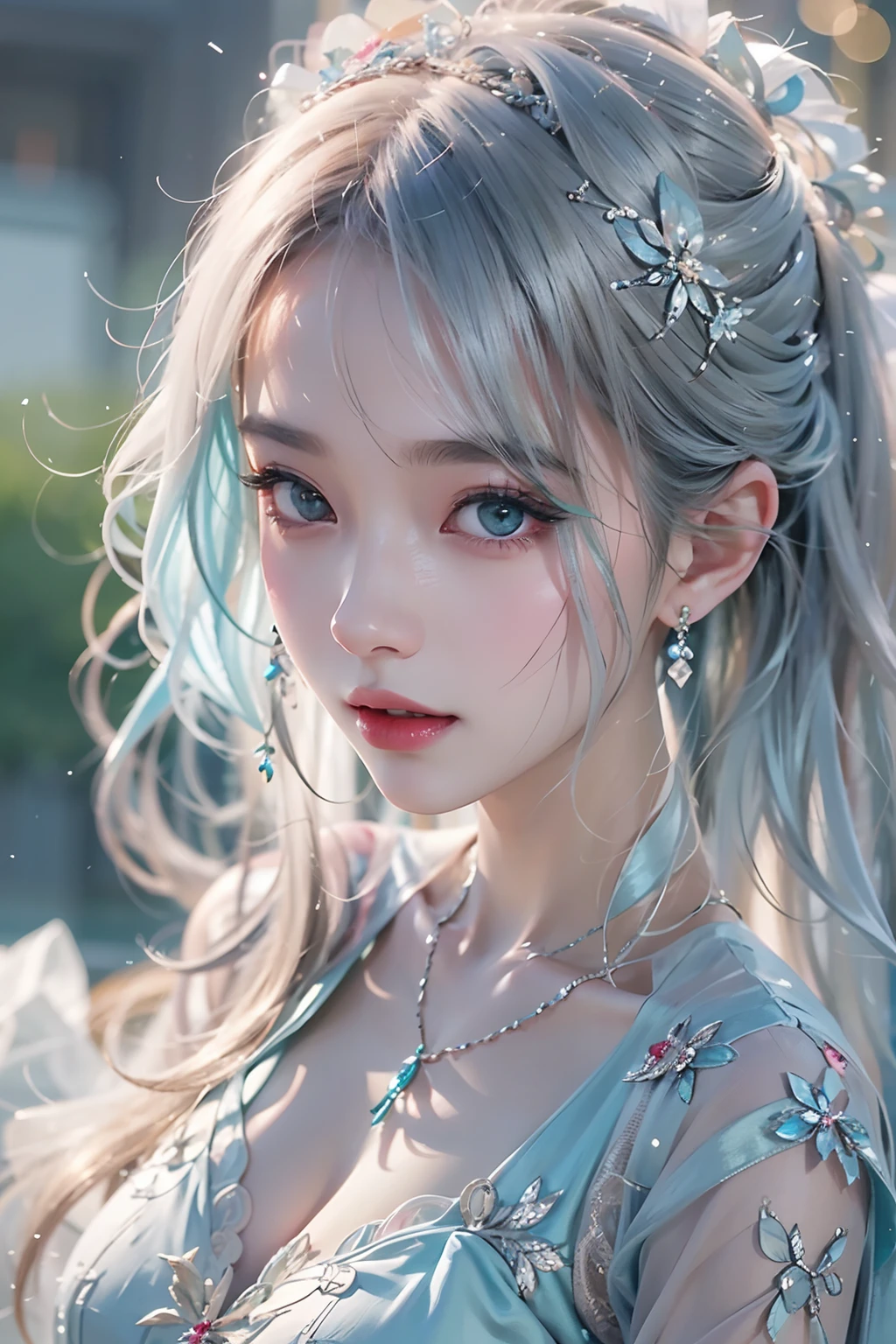 best qualtiy， tmasterpiece， 超高分辨率， （realisticlying：1.5）， RAW photogr， 1girll, silber hair, long whitr hair，hair adornments，bshoulders，Cold and glamorous，Sexy look，Cyan and pink tulle dress, Detailed scenes, amazing pose, Eye-catching accessories, Picturesque