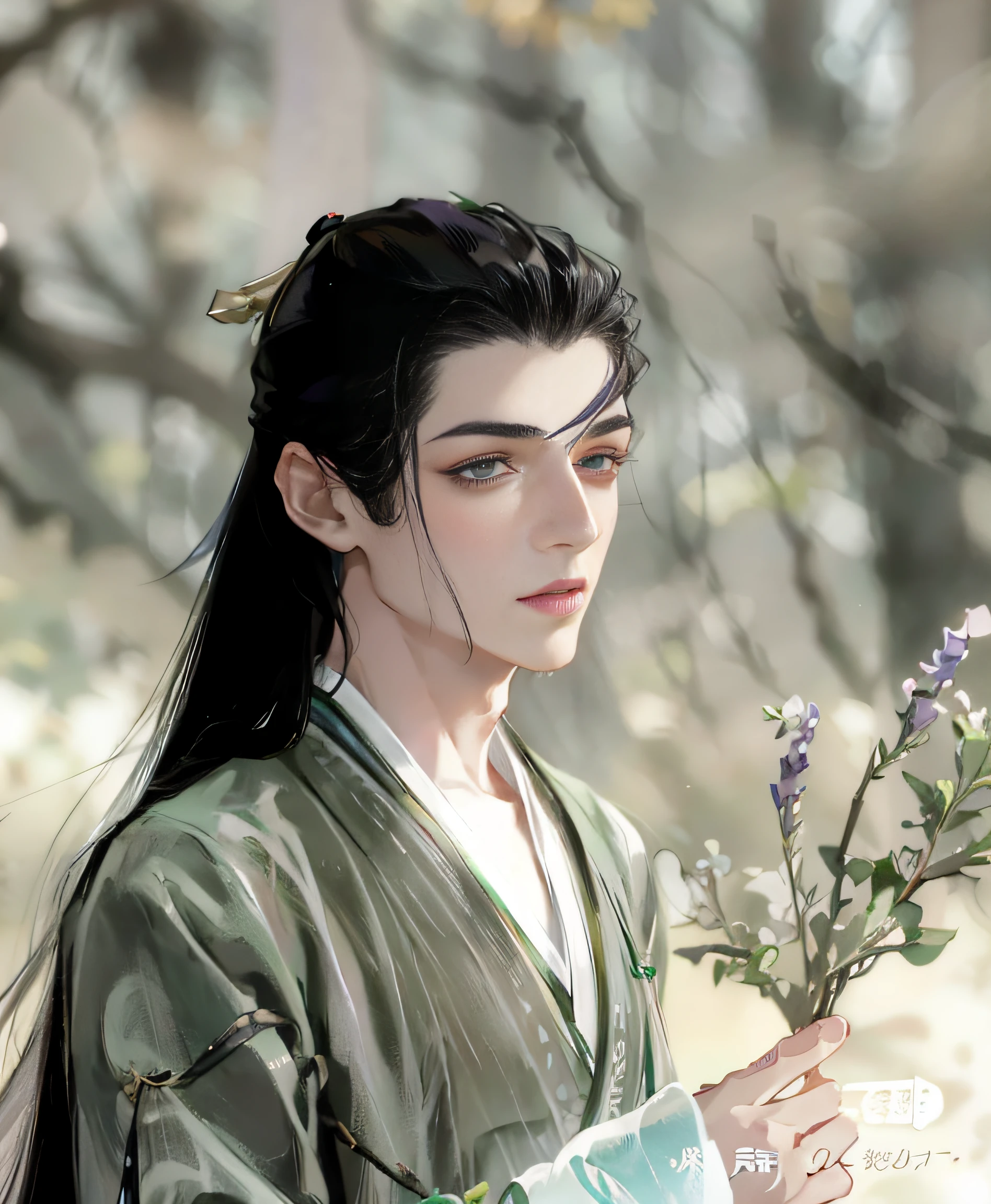 Young and handsome man，Wearing green Hanfu，Take a lavender， ssmile，Eyes are confused，There is a mole under the left eyebrow，Background bokeh