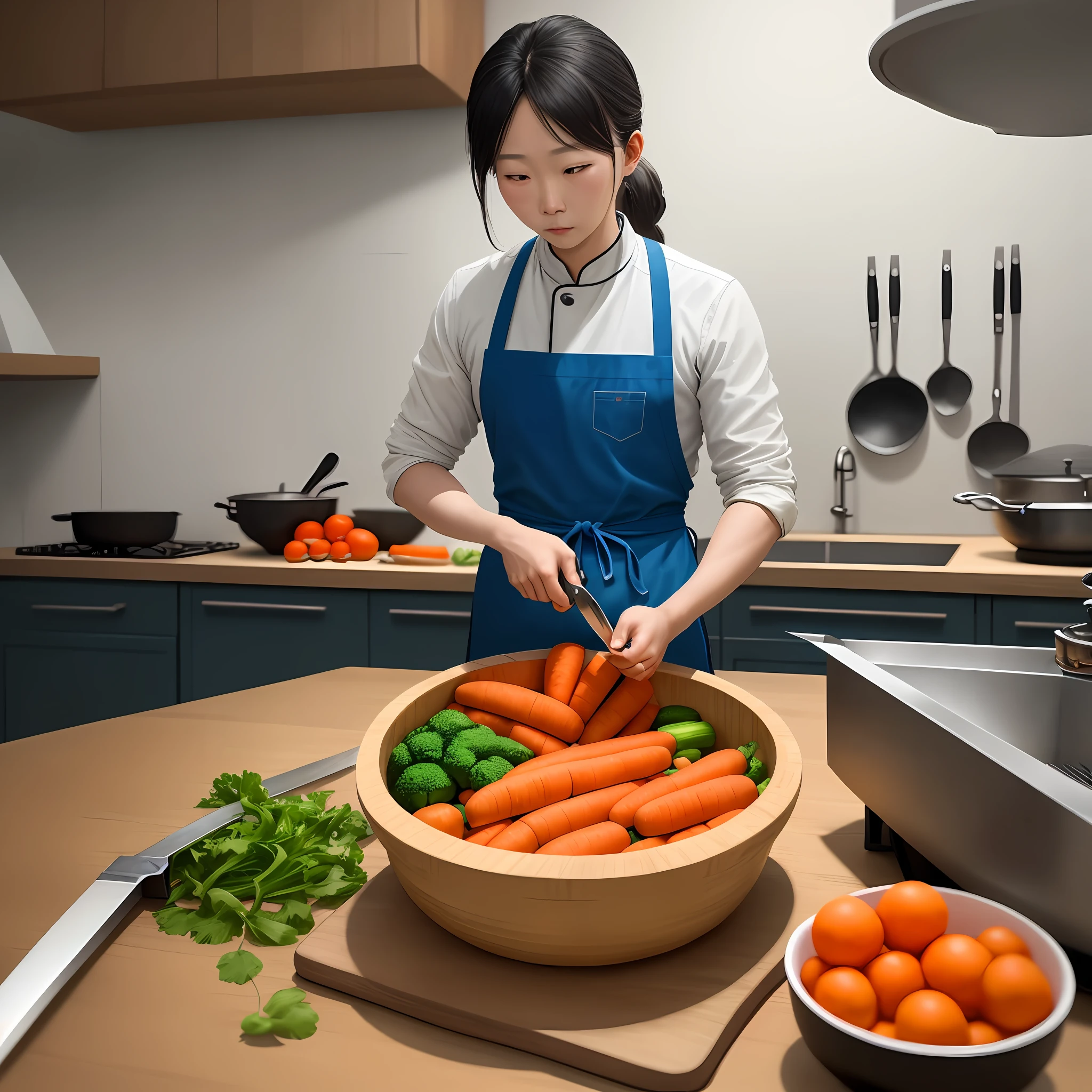 This is a photograph taken in a home kitchen。The background of the photo is a typical Chinese kitchen,The walls are covered with elegant blue and white tiles,The stone countertops are clean and tidy,On one side is a wooden vegetable basket,The basket is filled with fresh vegetables。
The hero in the photo is me,Stand in front of the counter and concentrate on chopping vegetables。I was wearing a plain apron,The hair is tied in a ponytail,Demeanor: Calm and quiet。Holding a sharp kitchen knife in both hands,The blade is placed on a chopping board with an orange-yellow carrot。My chopping movements are skilful and neat,The carrots are being sliced evenly by me。
The texture of the picture is warm and bright,LUT is warm,Highlights the normal feeling of the kitchen。Warm yellow lights illuminate the counter from above,Brings out the slightly floating dust of chopping vegetables,The scene seems to freeze in a quiet afternoon。
The whole photo is meticulously detailed,It has a strong sense of scene and documentary,It makes the reader feel like they are in the middle of it,Feel the quiet scene of a skilled housewife sharing her tips for chopping vegetables。