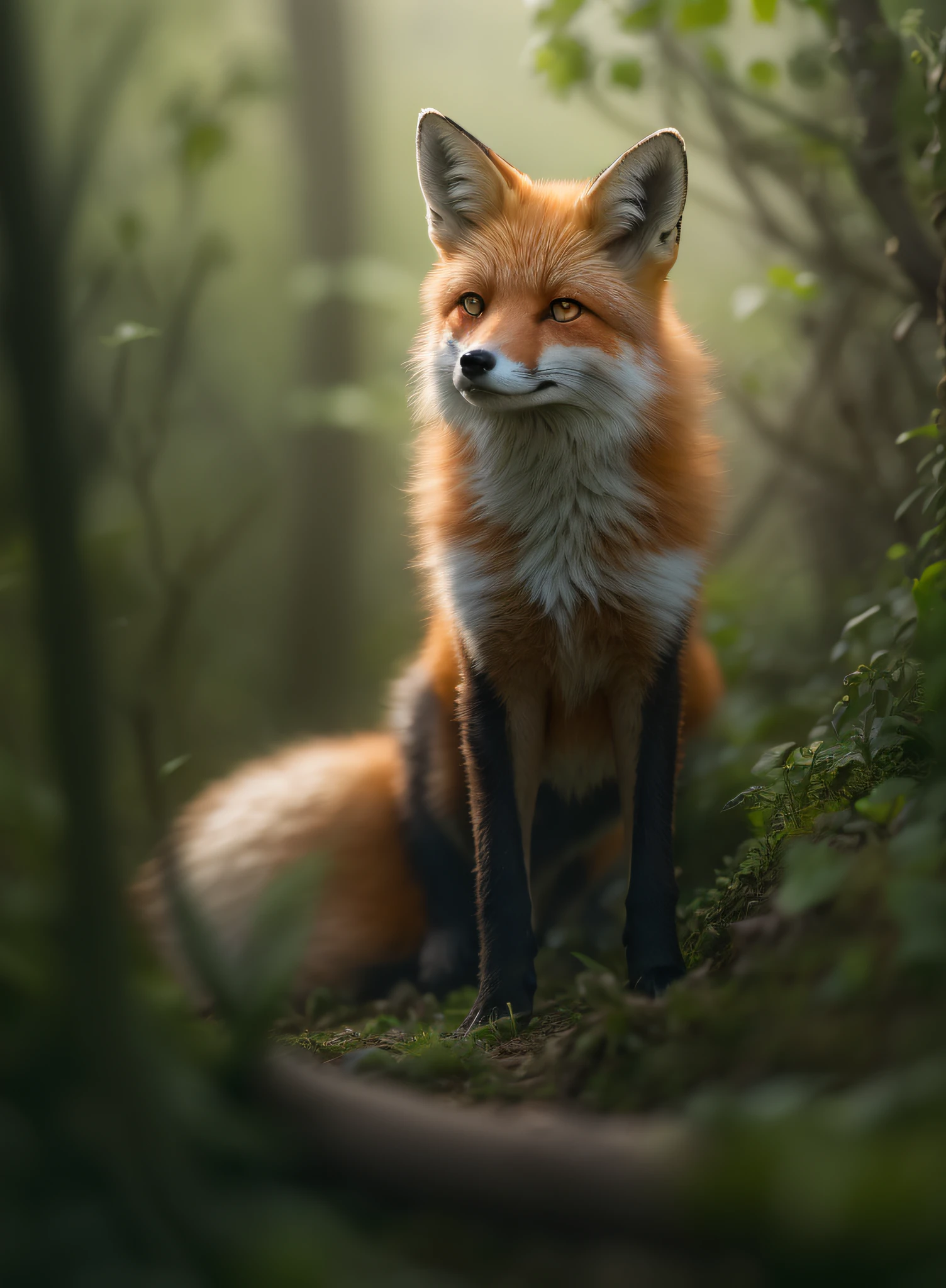 Photo of a fox、the woods、Haze、Halation、florals、Dramatic atmosphere、central、thirds rule、200mm 1.4F Macro Shot、(natural skin textures、Hyper-Realism、Soft light、sharp:1.2)、(intricate-detail:1.12)、nffsw、(intricate-detail、ultra-detailliert:1.15)、Art by Greg Rutkowski and ArtGerm、Soft Cinematic Lights、adobe lightroom、Photolab、nffsw、Convoluted、ighly detailed、(depth of fields:1.4)