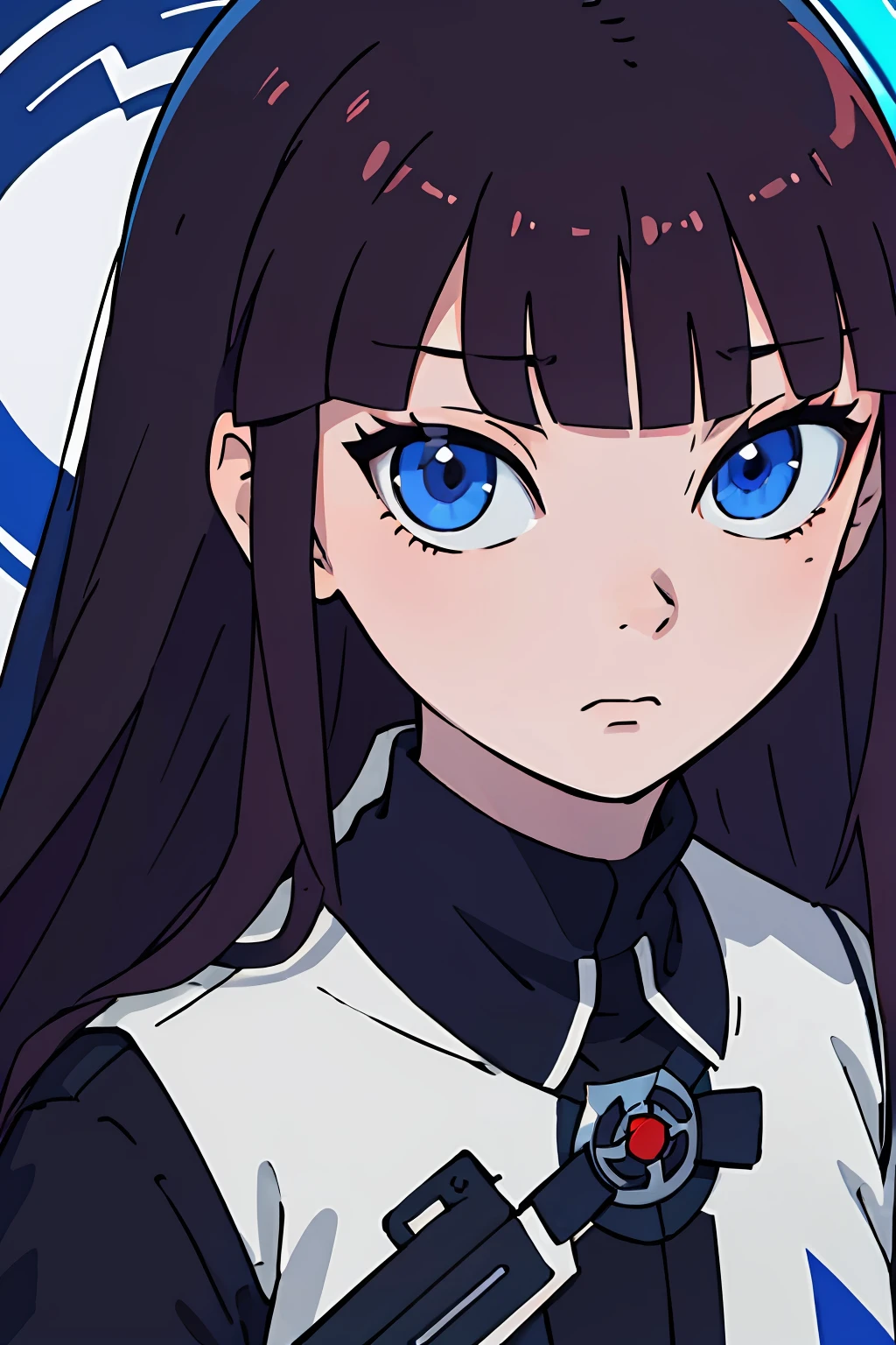 (best-quality:0.8), (best-quality:0.8), perfect anime illustration, extreme closeup portrait of a young girl with long dark red hair, blunt bangs, round face, pale skin, sad expression, blue eyes, black clothes