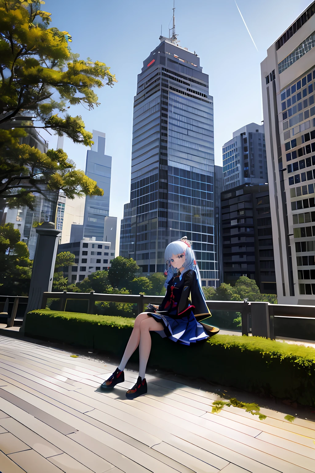 tmasterpiece,A high resolution,best qualtiy,sitting on a rook,kamisato_ayaka,ssmile,komono,Outside the car window are high-rise buildings